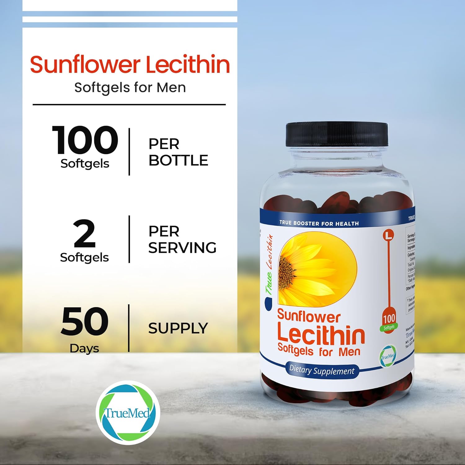 1200mg Sunflower Lecithin Softgels for Brain, Heart, Nerve, and Liver Support - Cognitive Function, Cholesterol, Cardiovascular Health - Non-GMO, High Absorption - 100 Count