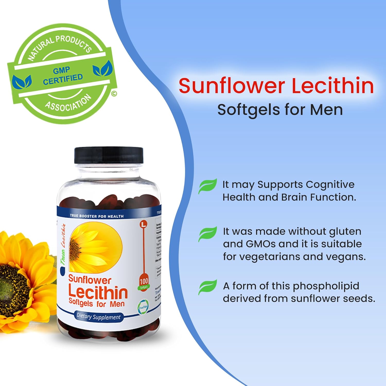1200mg Sunflower Lecithin Softgels for Brain, Heart, Nerve, and Liver Support - Cognitive Function, Cholesterol, Cardiovascular Health - Non-GMO, High Absorption - 100 Count