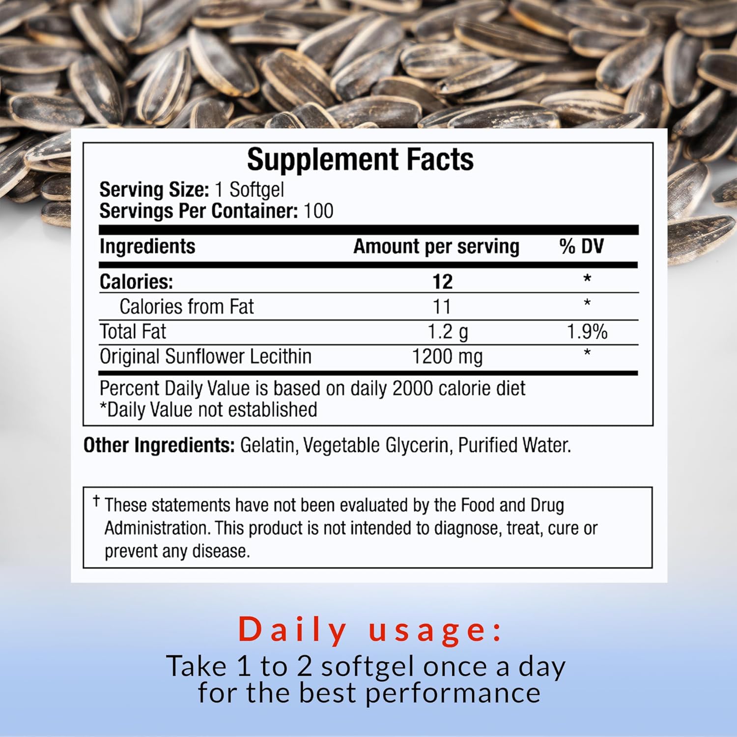 1200mg Sunflower Lecithin Softgels for Brain, Heart, Nerve, and Liver Support - Cognitive Function, Cholesterol, Cardiovascular Health - Non-GMO, High Absorption - 100 Count