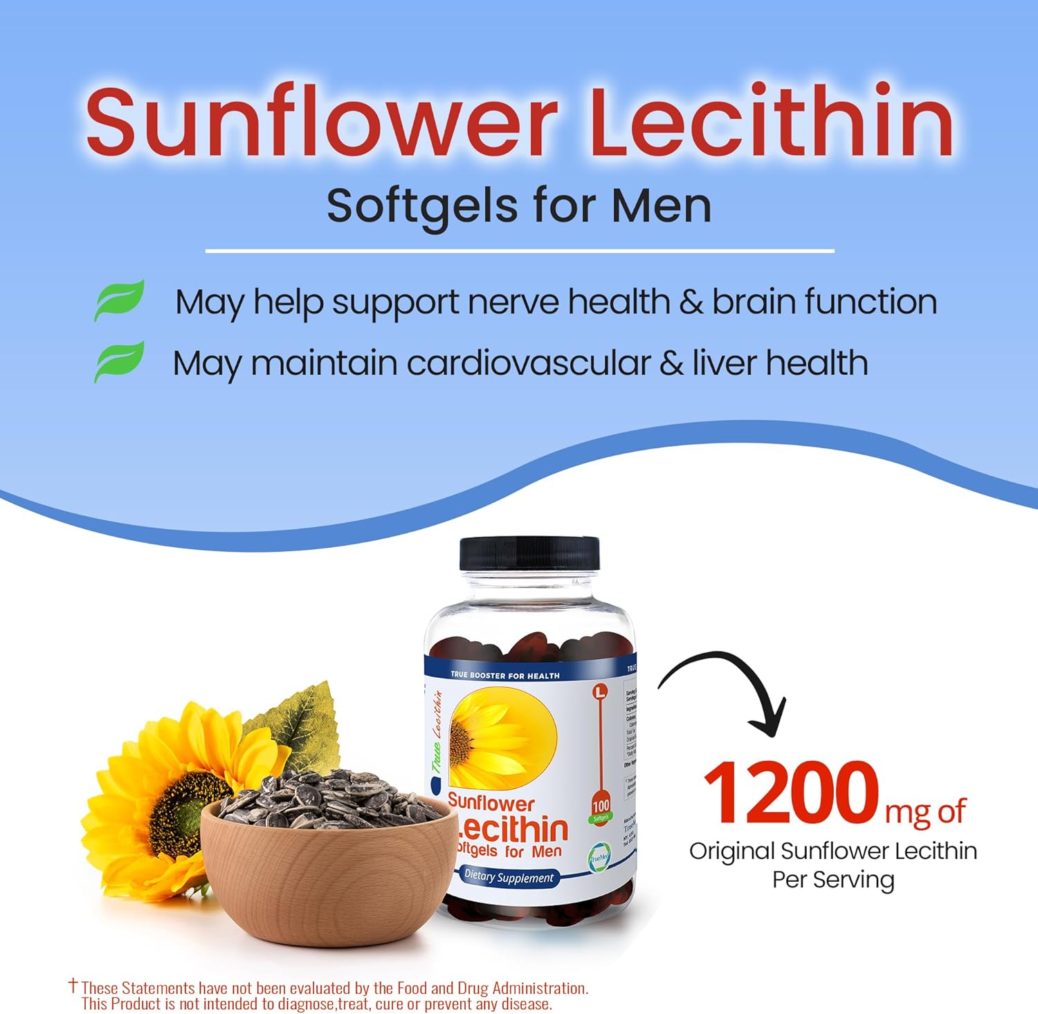 1200mg Sunflower Lecithin Softgels for Brain, Heart, Nerve, and Liver Support - Cognitive Function, Cholesterol, Cardiovascular Health - Non-GMO, High Absorption - 100 Count