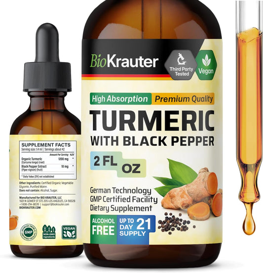 1200mg Turmeric Curcumin Tincture with Black Pepper Extract - Vegan Drops - Alcohol-Free - 2 Fl.Oz.