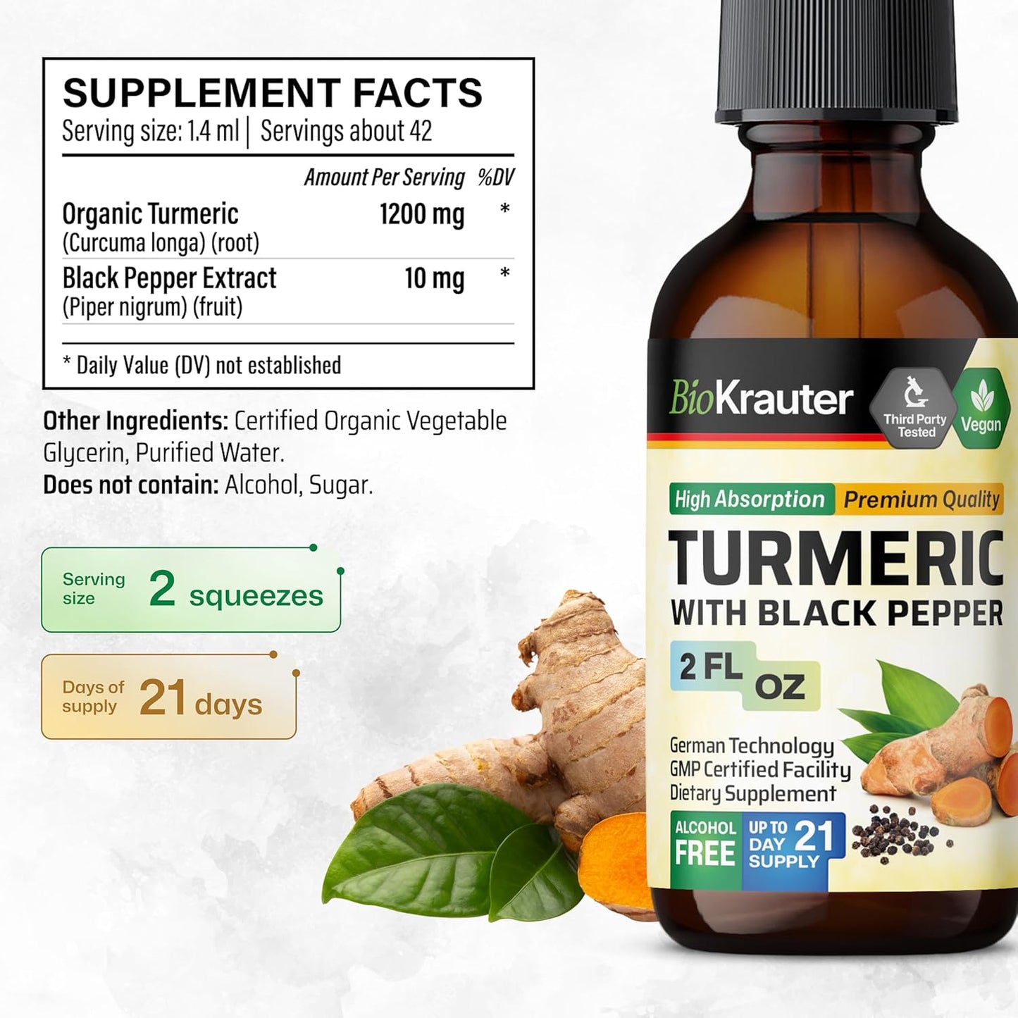 1200mg Turmeric Curcumin Tincture with Black Pepper Extract - Vegan Drops - Alcohol-Free - 2 Fl.Oz.