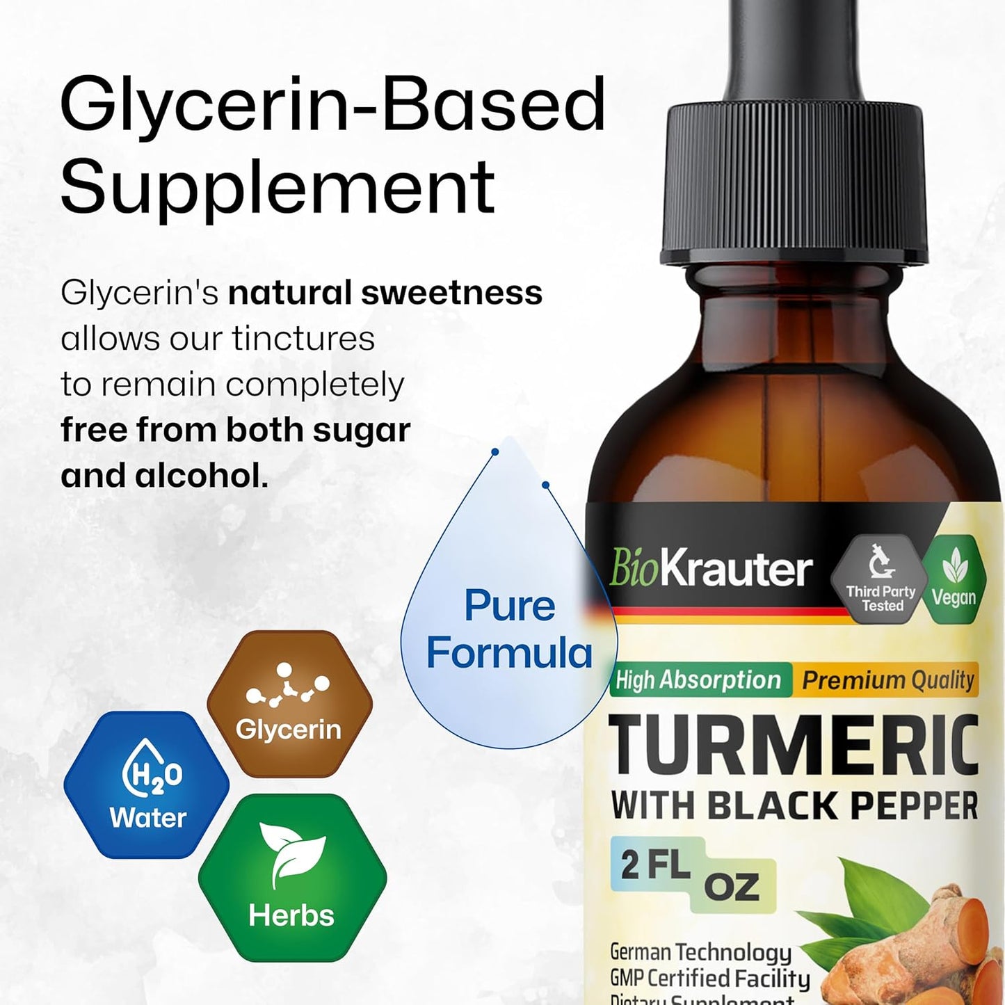1200mg Turmeric Curcumin Tincture with Black Pepper Extract - Vegan Drops - Alcohol-Free - 2 Fl.Oz.