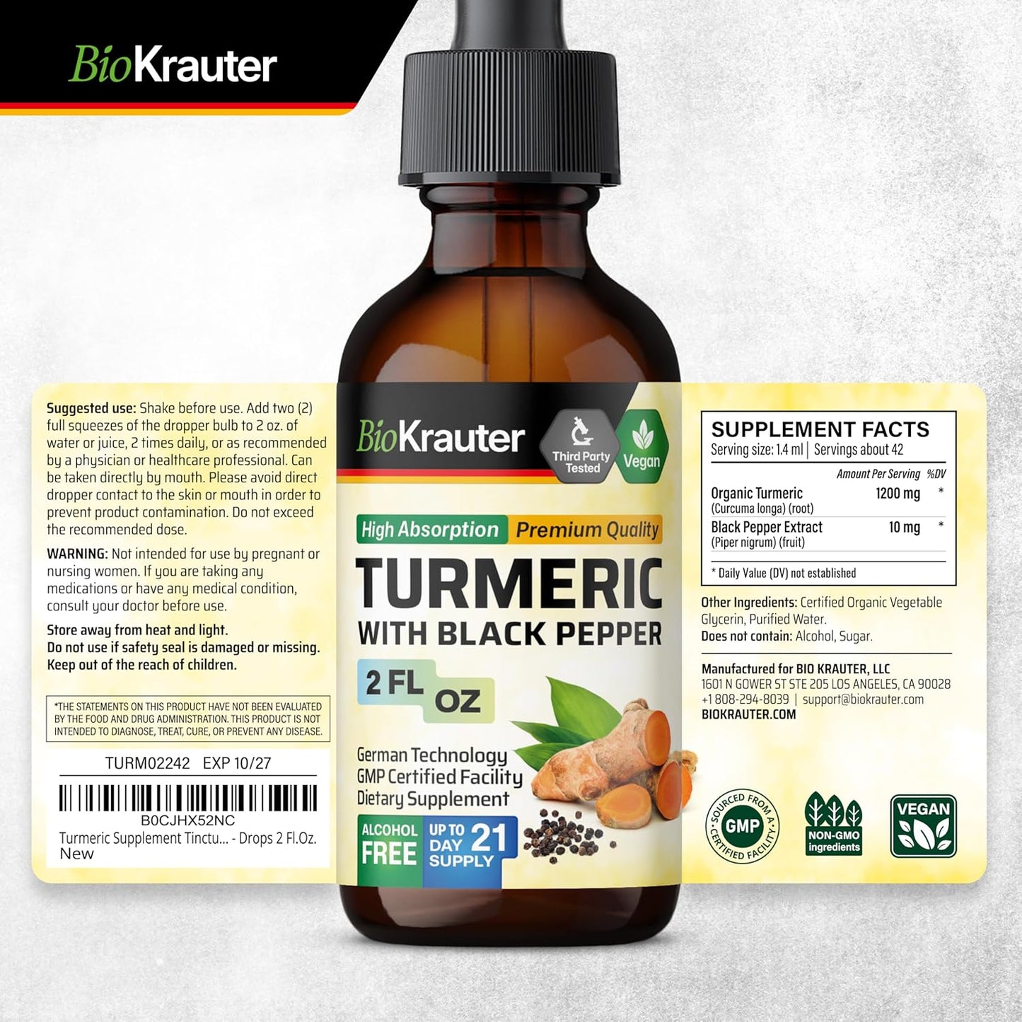 1200mg Turmeric Curcumin Tincture with Black Pepper Extract - Vegan Drops - Alcohol-Free - 2 Fl.Oz.