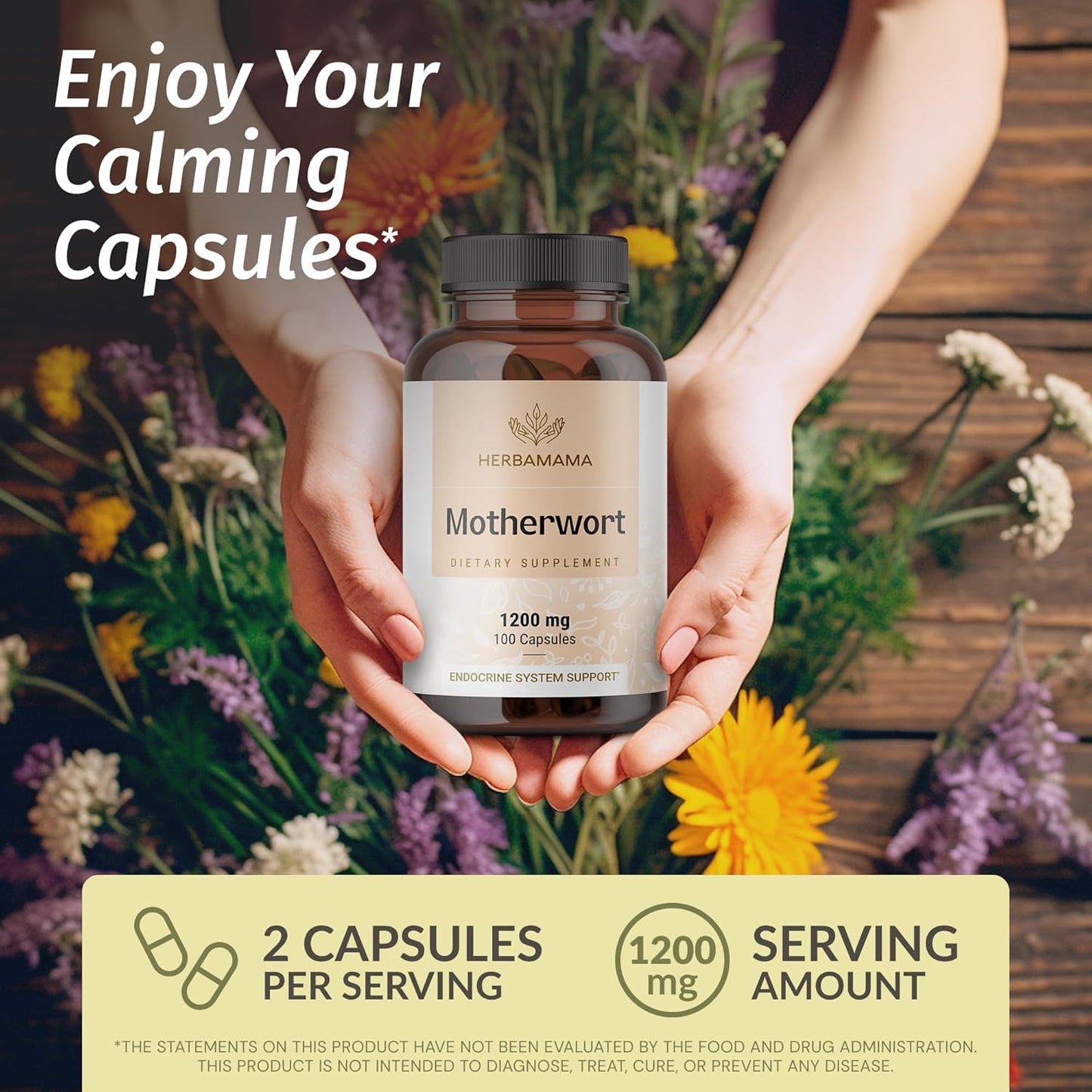 1200mg Vegan Motherwort Capsules for Women's Calm Support - Non-GMO Relaxation Supplement - 100 Capsuled by HERBAMAMA