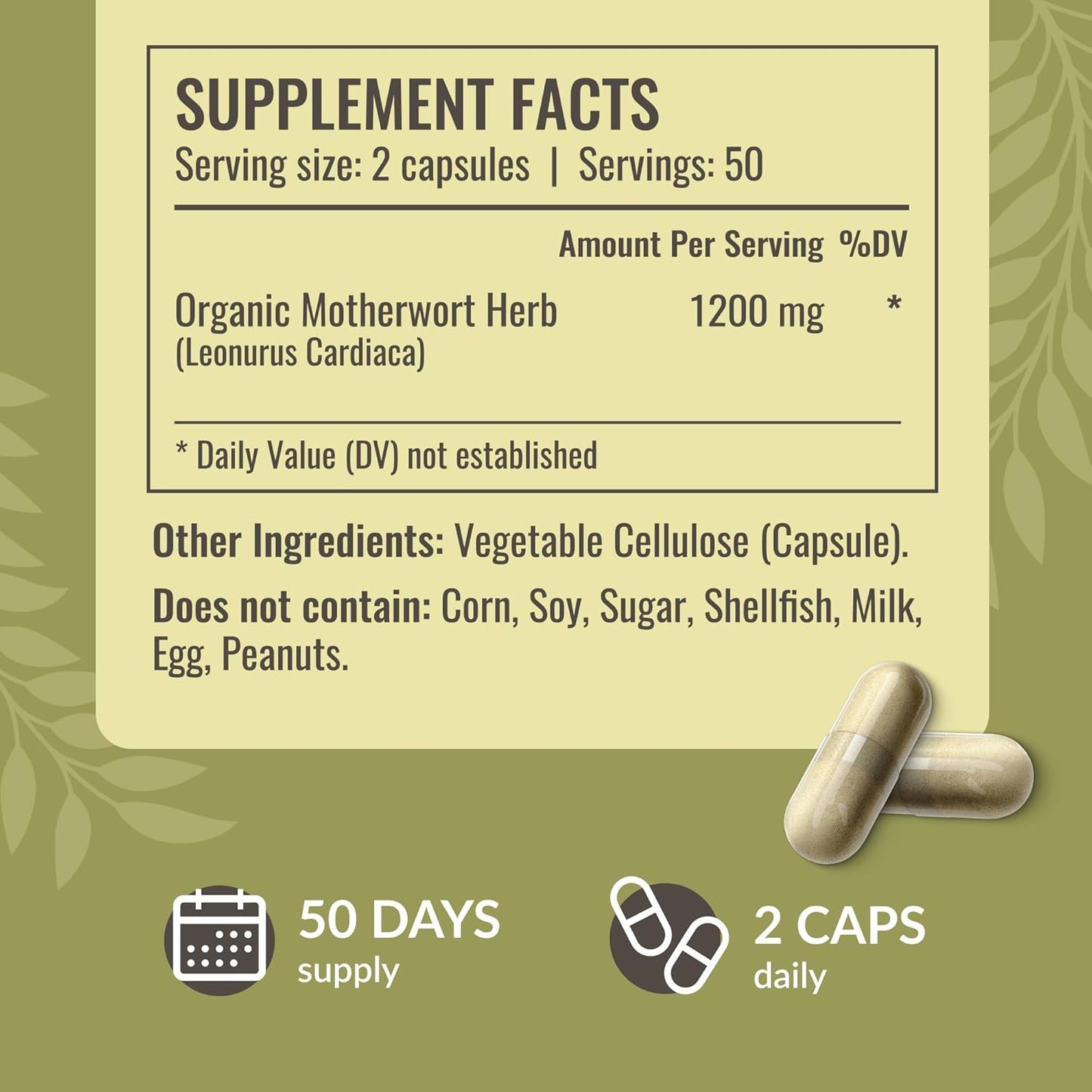 1200mg Vegan Motherwort Capsules for Women's Calm Support - Non-GMO Relaxation Supplement - 100 Capsuled by HERBAMAMA