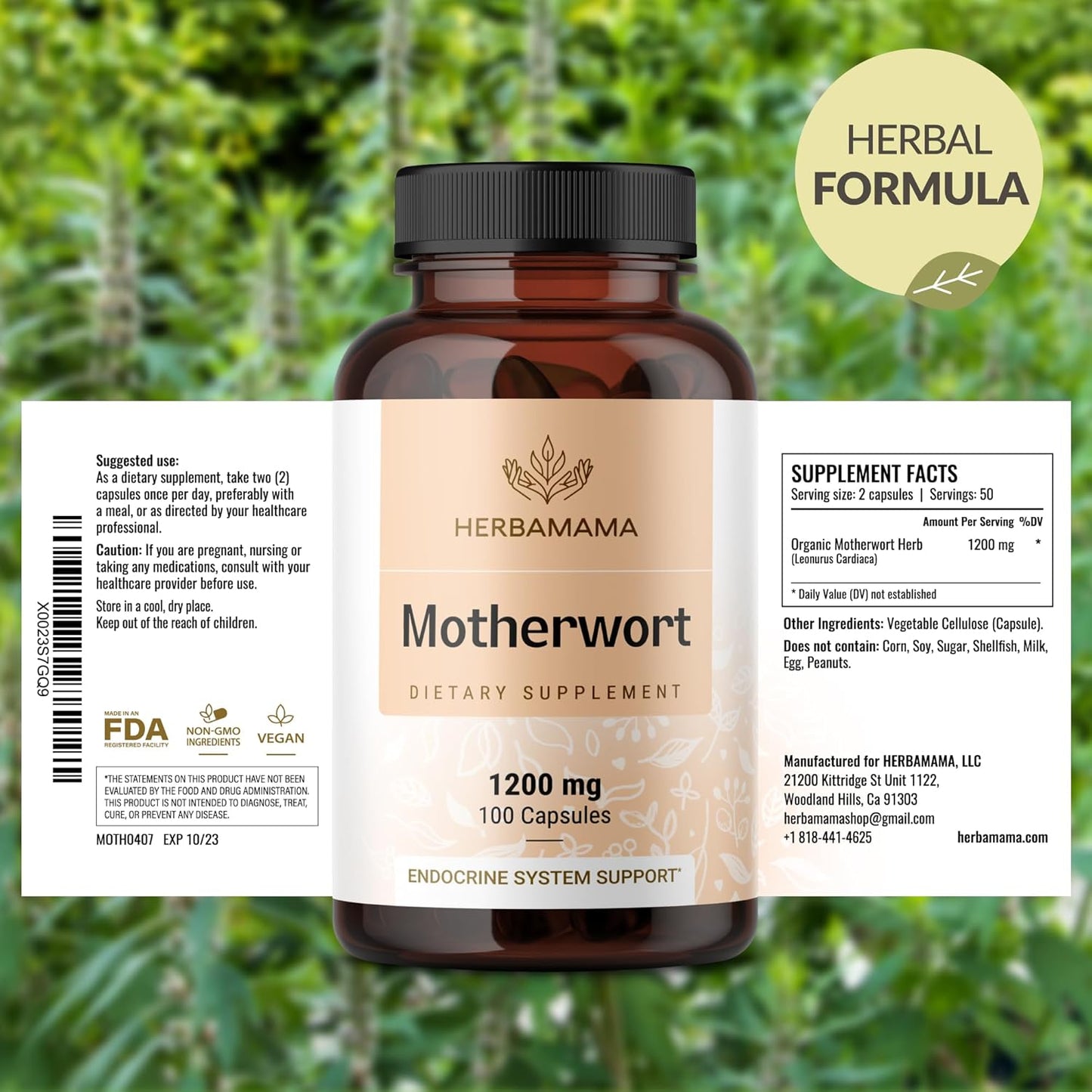 1200mg Vegan Motherwort Capsules for Women's Calm Support - Non-GMO Relaxation Supplement - 100 Capsuled by HERBAMAMA