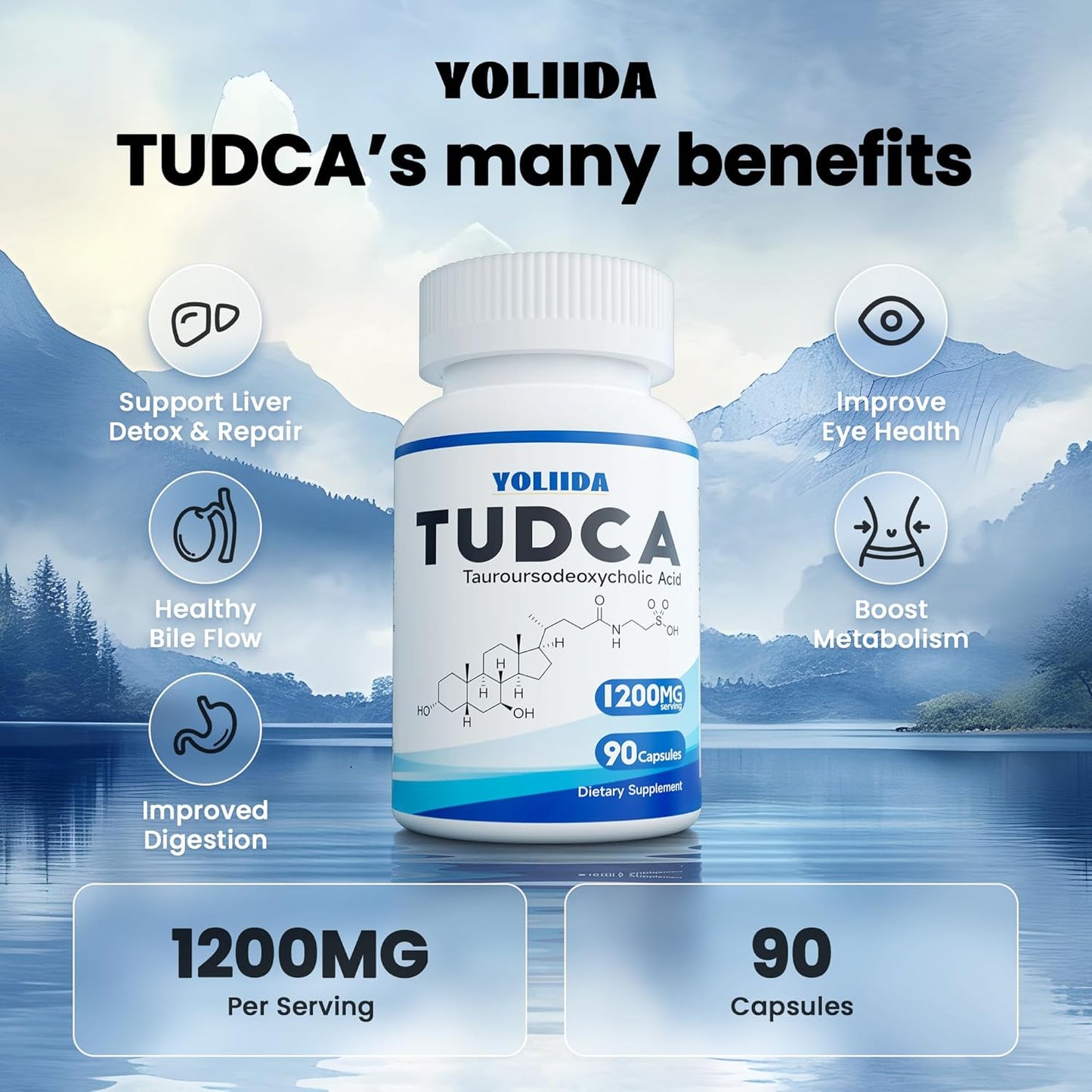 1200mg YOLIIDA Tudca Liver Supplement Capsules - Supports Liver Cleanse, Detox & Repair, Gallbladder Cleanse - 90 Count