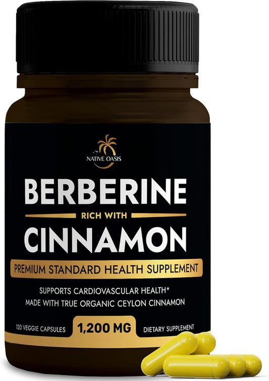 120ct Berberine HCL 1,200mg with Ceylon Cinnamon for Heart Health & Slimming Formula | Non-GMO, Lab Tested, Zero Fillers | Native Oasis Berberine Supplement from Sri Lanka