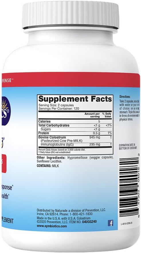 120ct Symbiotics Colostrum Vegetable Capsules - Boost Immunity with Lactoferrin & Immunoglobulin - Gluten Free Colostrum Protein Supplement