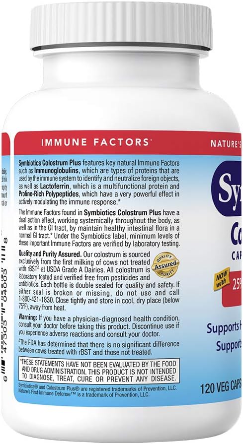 120ct Symbiotics Colostrum Vegetable Capsules - Boost Immunity with Lactoferrin & Immunoglobulin - Gluten Free Colostrum Protein Supplement