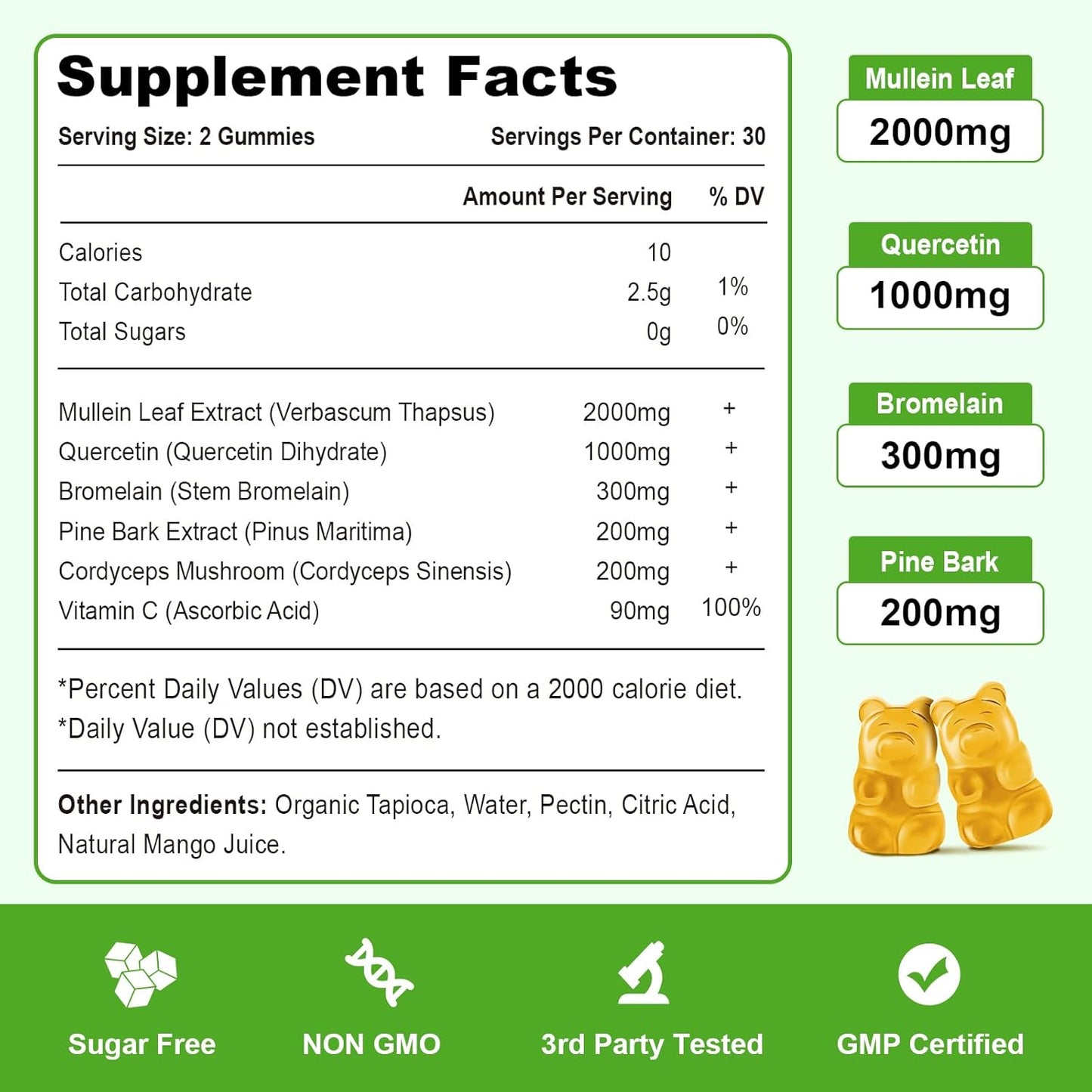 120ct Vazatisi Mullein Gummies with Bromelain, Quercetin, Pine Bark Extract for Lung Cleanse & Healthy Breathing