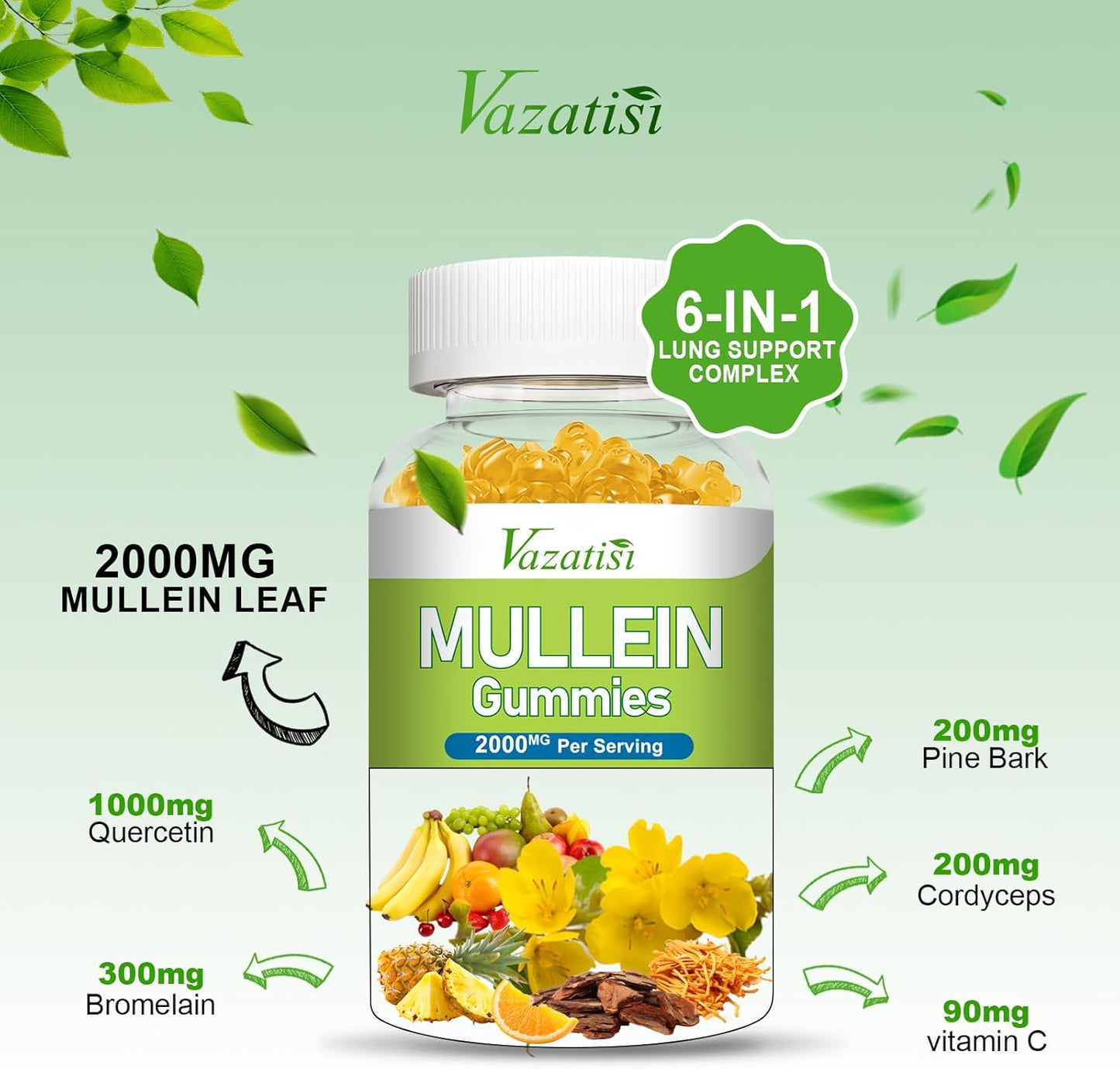 120ct Vazatisi Mullein Gummies with Bromelain, Quercetin, Pine Bark Extract for Lung Cleanse & Healthy Breathing