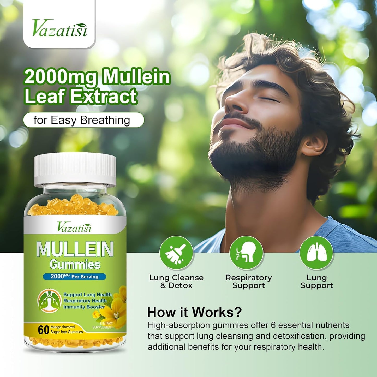 120ct Vazatisi Mullein Gummies with Bromelain, Quercetin, Pine Bark Extract for Lung Cleanse & Healthy Breathing