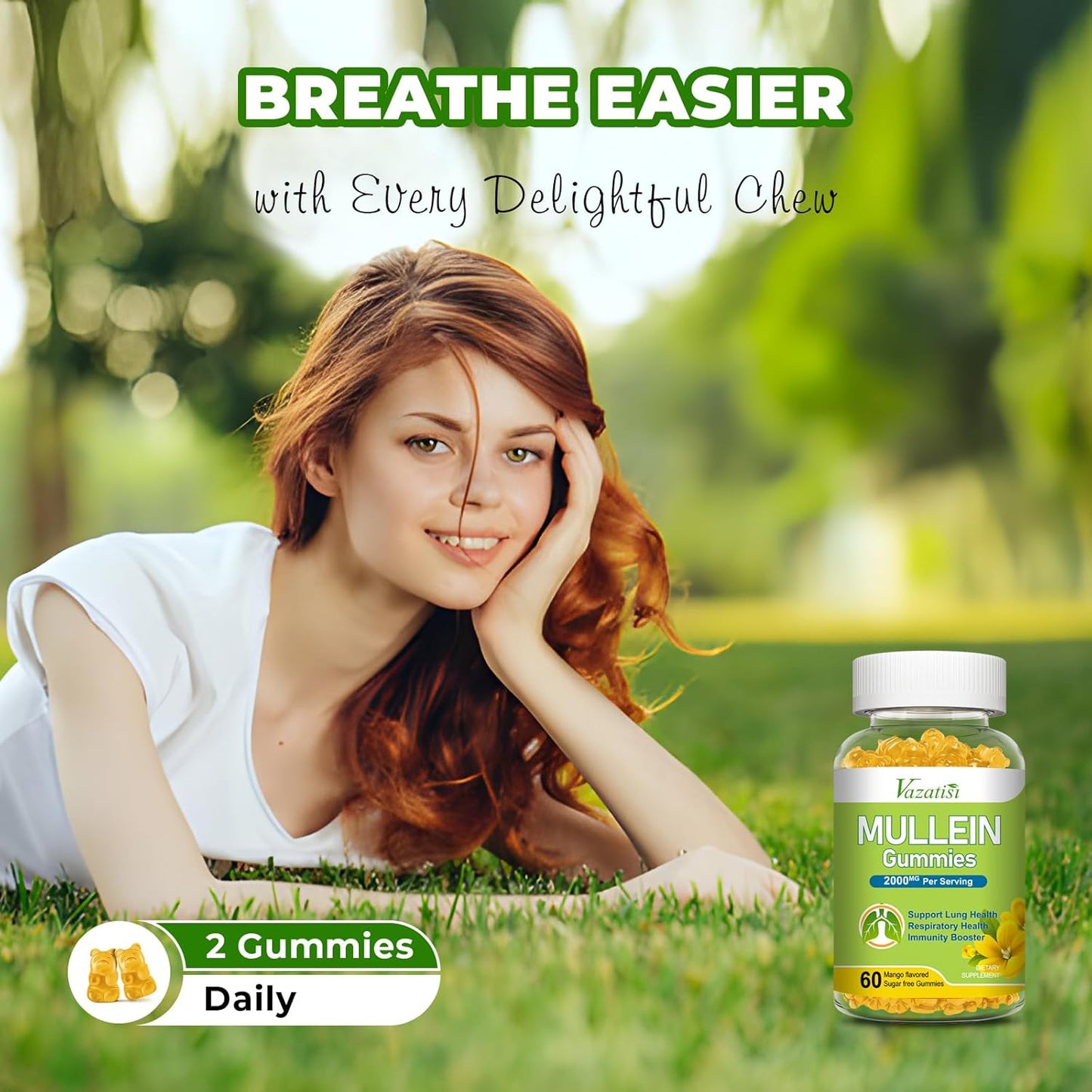 120ct Vazatisi Mullein Gummies with Bromelain, Quercetin, Pine Bark Extract for Lung Cleanse & Healthy Breathing