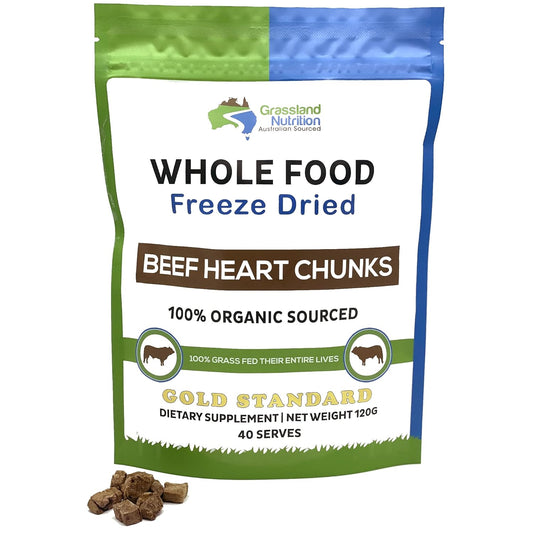 120g Grassland Nutrition Organic Heart Freeze Dried Chunks - Rich in Q10, Vitamin B2, B6, B12 for Energy Boost