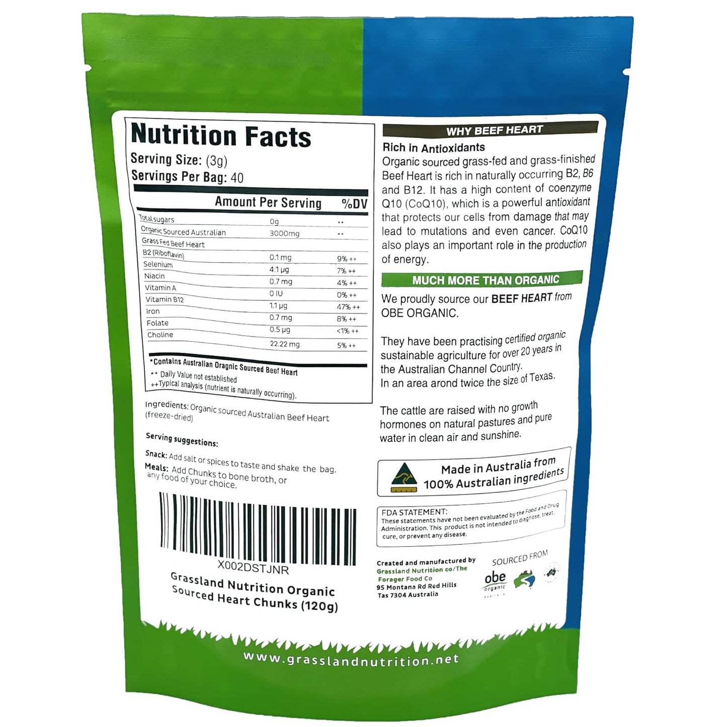 120g Grassland Nutrition Organic Heart Freeze Dried Chunks - Rich in Q10, Vitamin B2, B6, B12 for Energy Boost