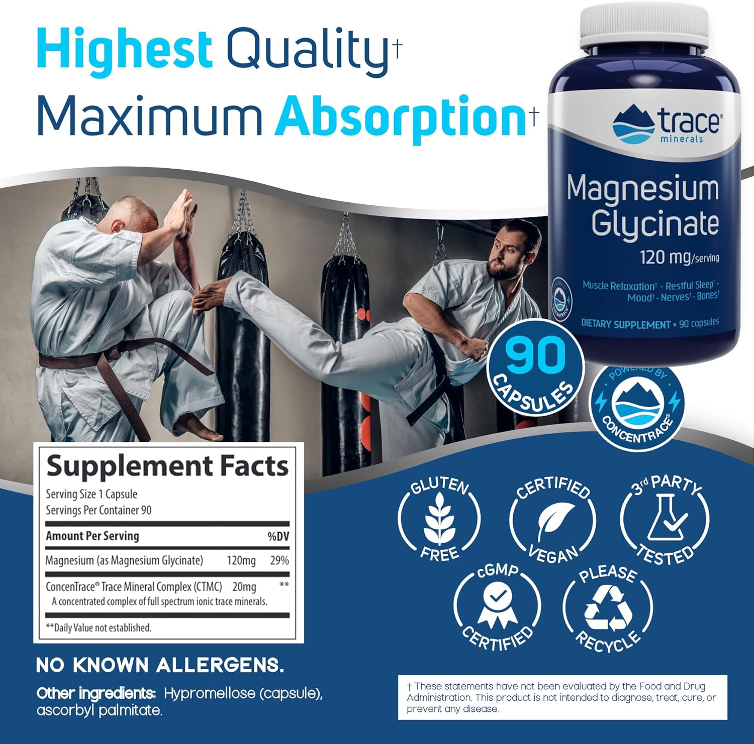 120mg Trace Minerals Magnesium Glycinate Capsules - Supports Bone Strength, Muscle Function, Healthy Sleep & Nerve Health - 90 Servings
