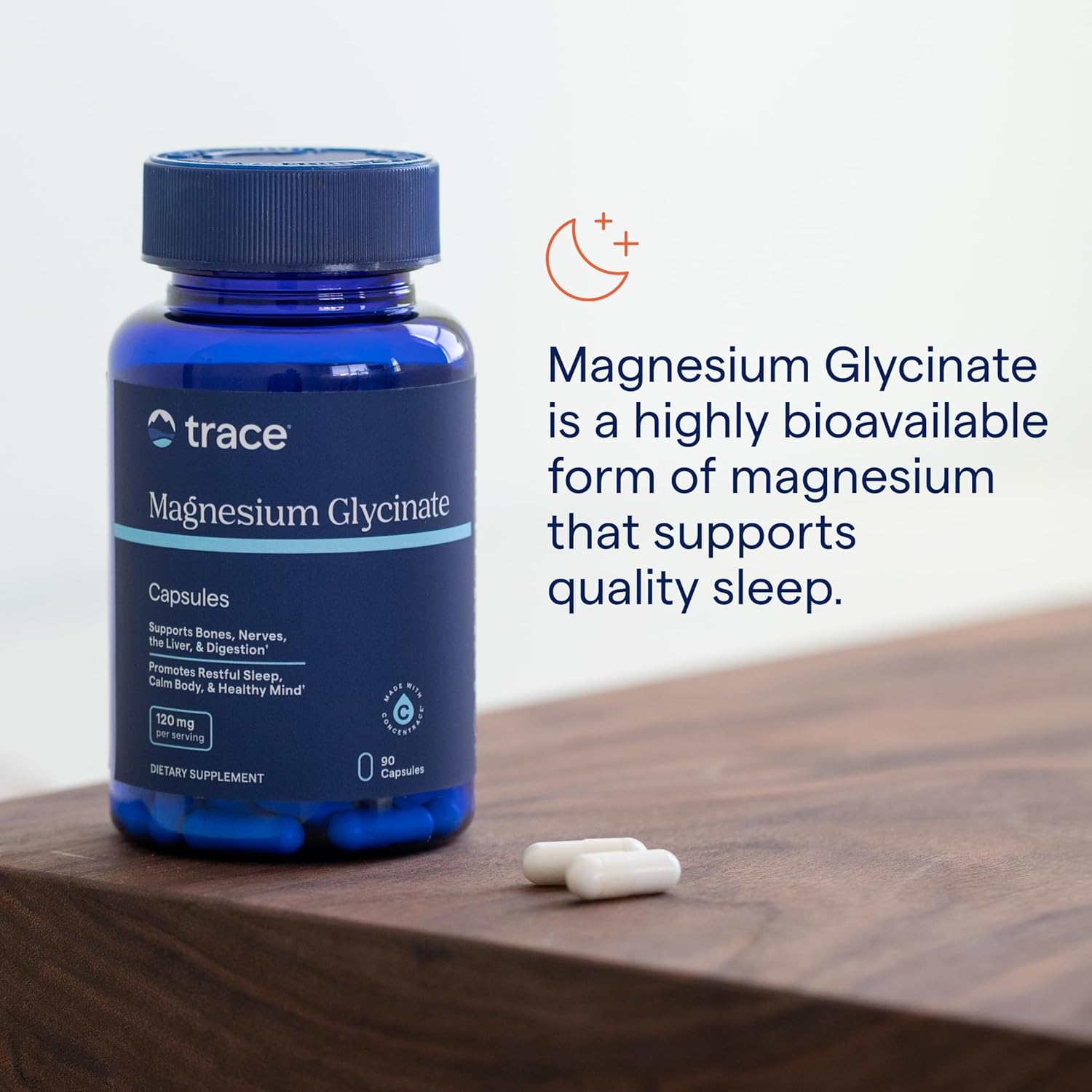 120mg Trace Minerals Magnesium Glycinate Capsules - Supports Bone Strength, Muscle Function, Healthy Sleep & Nerve Health - 90 Servings