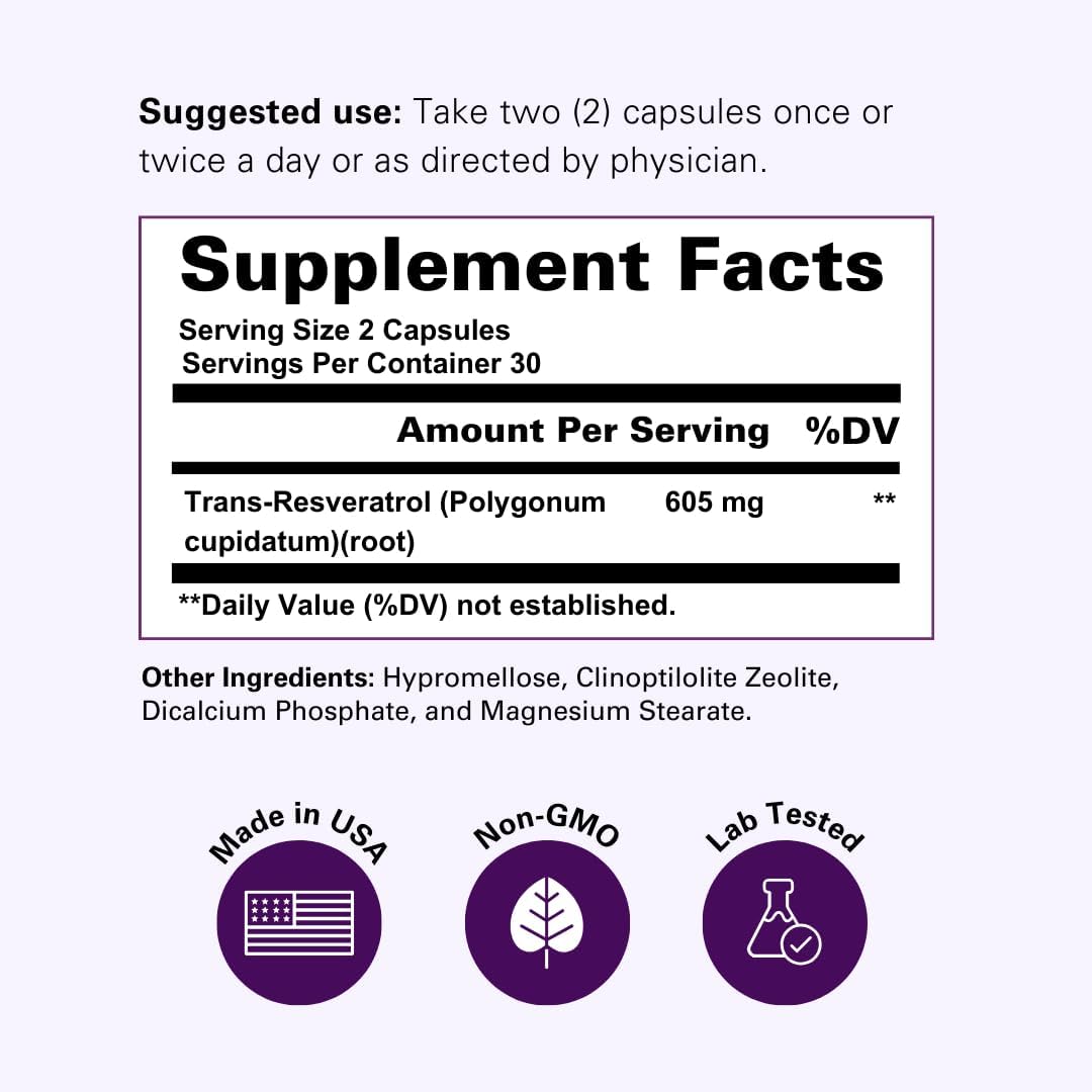 1210mg Trans-Resveratrol Supplement for SIRT1 Activation - Supports Cellular Repair, Longevity, Brain, Heart, DNA - Highly Purified Antioxidant with Anti-Aging Benefits - 60 Capsules