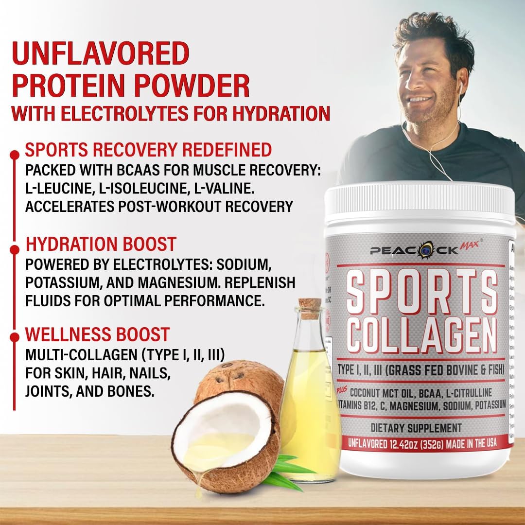 12.42 oz Peacock Max Sports Collagen Powder - Grass-Fed Bovine & Wild Fish Hydrolyzed Multi Collagen Peptides with BCAA, Magnesium, & Electrolytes