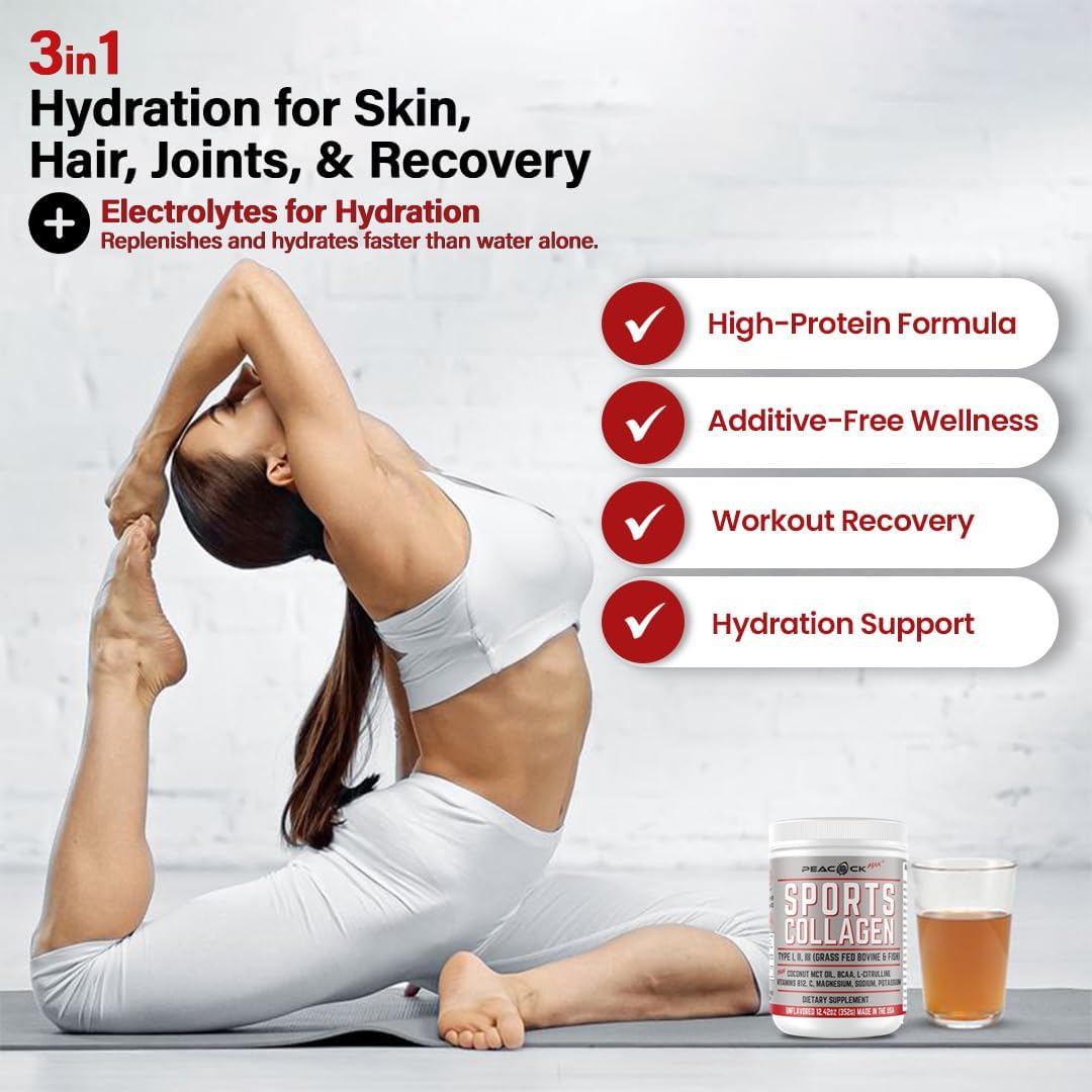 12.42 oz Peacock Max Sports Collagen Powder - Grass-Fed Bovine & Wild Fish Hydrolyzed Multi Collagen Peptides with BCAA, Magnesium, & Electrolytes