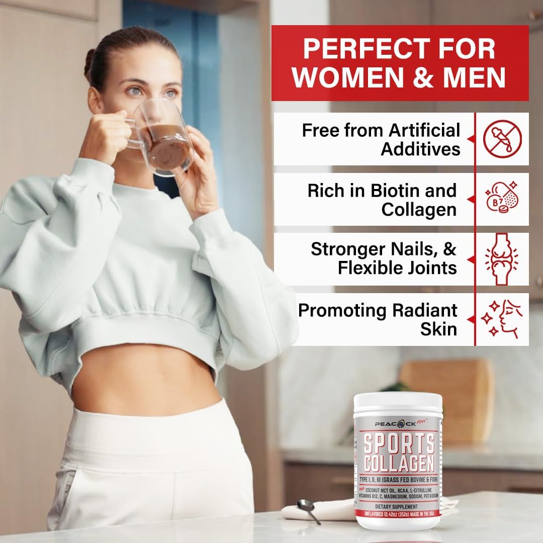 12.42 oz Peacock Max Sports Collagen Powder - Grass-Fed Bovine & Wild Fish Hydrolyzed Multi Collagen Peptides with BCAA, Magnesium, & Electrolytes