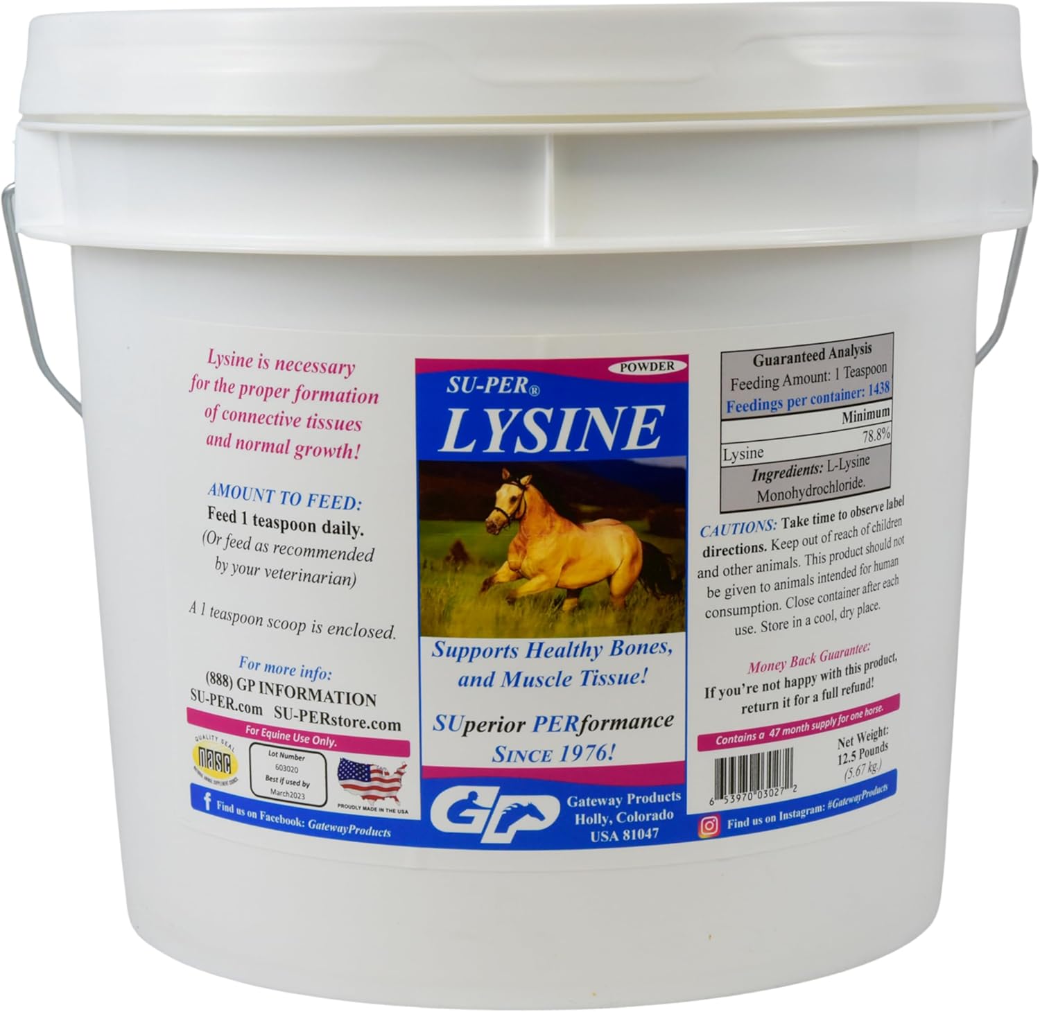 12.5 lb SU-PER Lysine Equine Supplement - Promotes Strong Bones & Muscles - Essential Amino Acid for Horses - 47 Month Supply