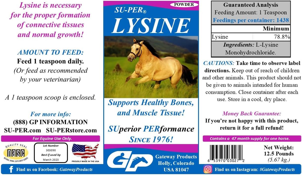 12.5 lb SU-PER Lysine Equine Supplement - Promotes Strong Bones & Muscles - Essential Amino Acid for Horses - 47 Month Supply