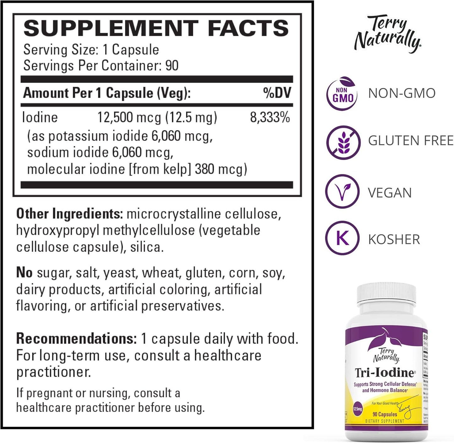 12.5 mg Tri-Iodine Capsules - 12500 mcg Iodine for Hormone Balance - Supports Breast & Prostate Health - Vegan, Non-GMO - 90 Servings