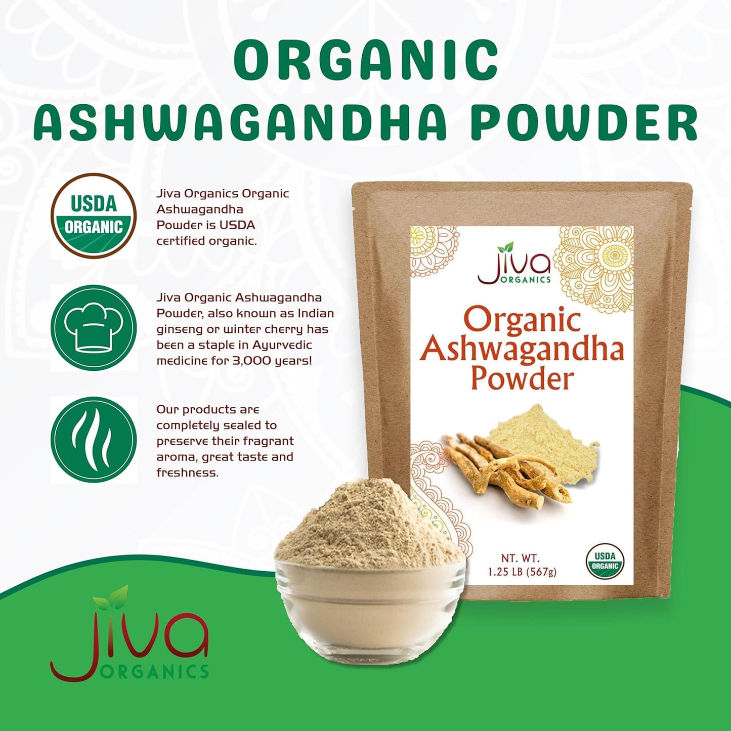 1.25lb Jiva Organics Ashwagandha Root Powder - Raw, Pure, Non-GMO, Lab Tested (20oz)
