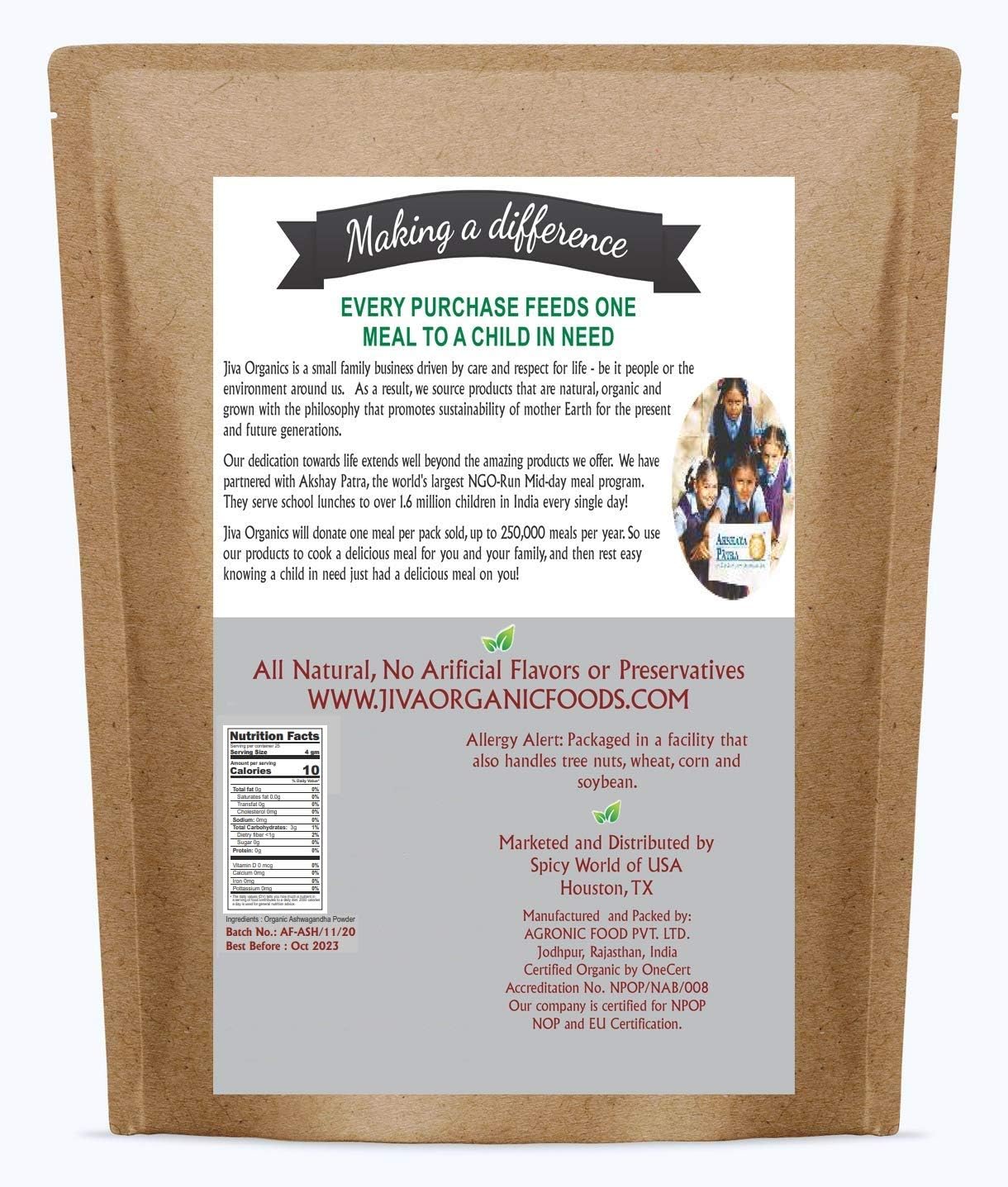 1.25lb Jiva Organics Ashwagandha Root Powder - Raw, Pure, Non-GMO, Lab Tested (20oz)