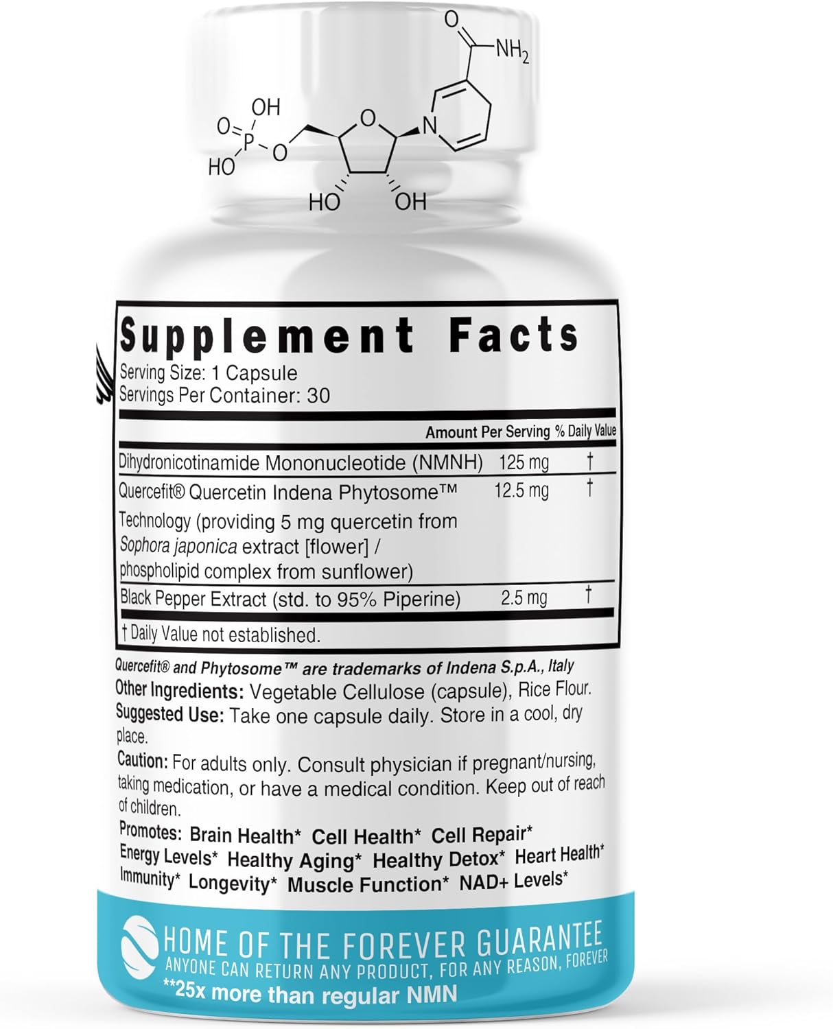 125mg NMN Supplement - Boost NAD+ Levels by 10x - Dihydronicotinamide Mononucleotide - 30 Servings