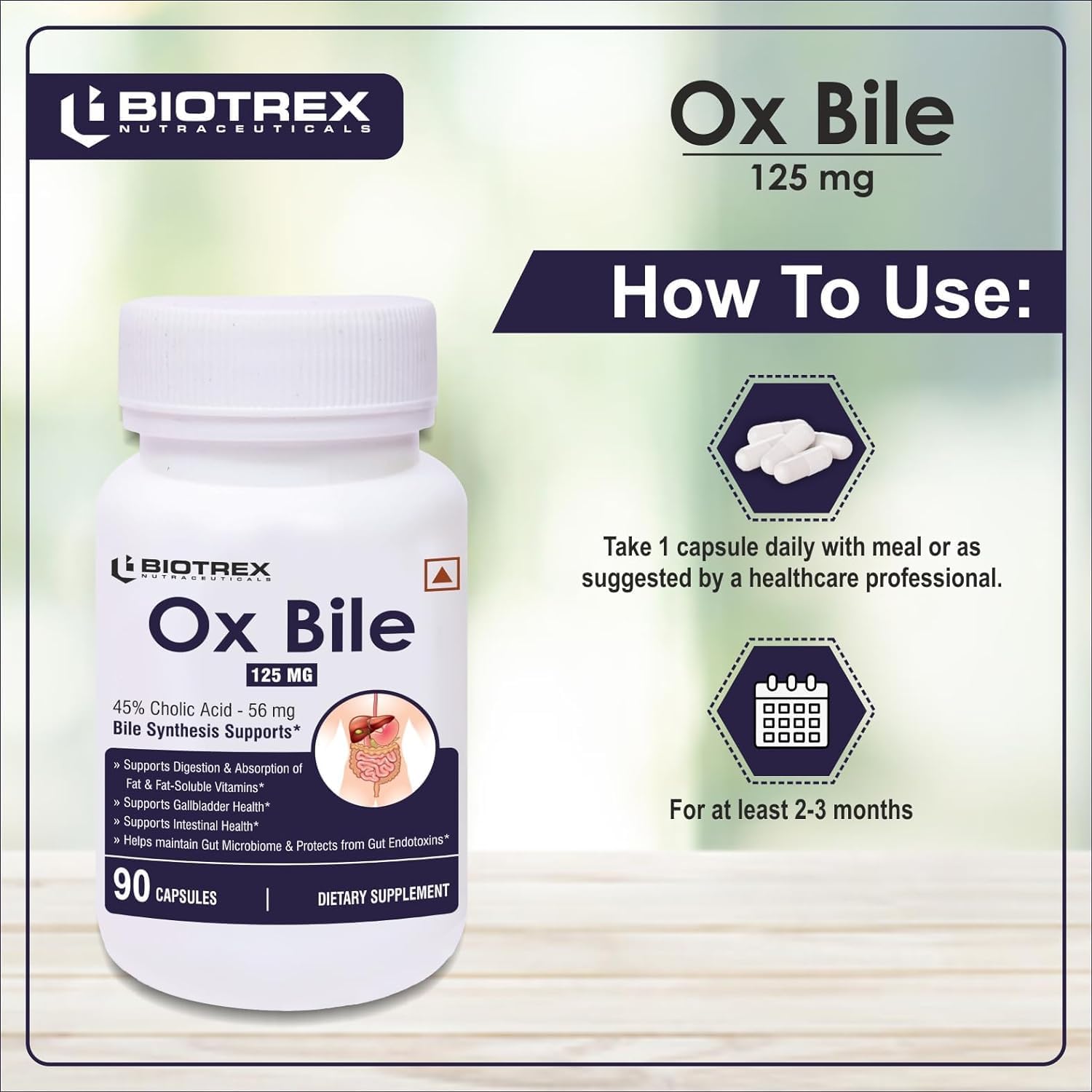 125mg Pub OX Bile Extract with 45% CHOLIC Acid for Gallbladder & Digestive Health - 90 Capsules, Gluten Free & Non-GMO