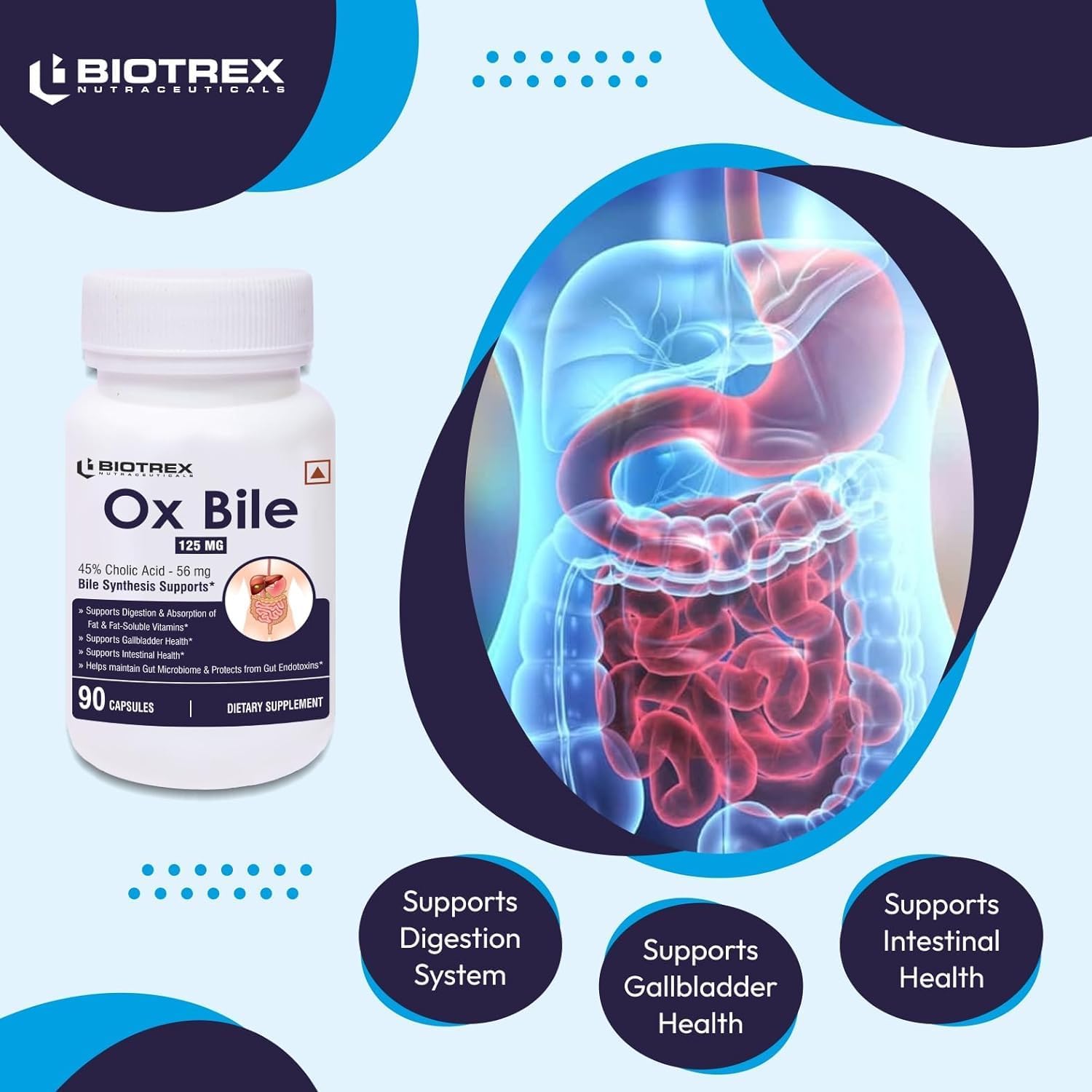 125mg Pub OX Bile Extract with 45% CHOLIC Acid for Gallbladder & Digestive Health - 90 Capsules, Gluten Free & Non-GMO