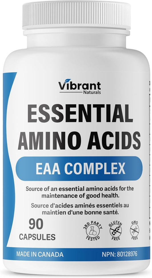 1270mg Essential Amino Acids Supplement with BCAA - Blend of 9 Essential Aminos, Leucine & Lysine - 90 Capsules, Made in Canada