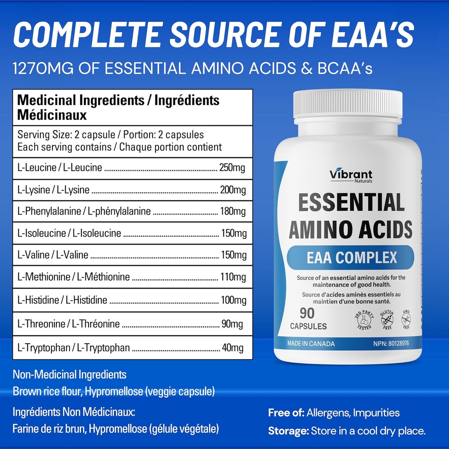 1270mg Essential Amino Acids Supplement with BCAA - Blend of 9 Essential Aminos, Leucine & Lysine - 90 Capsules, Made in Canada
