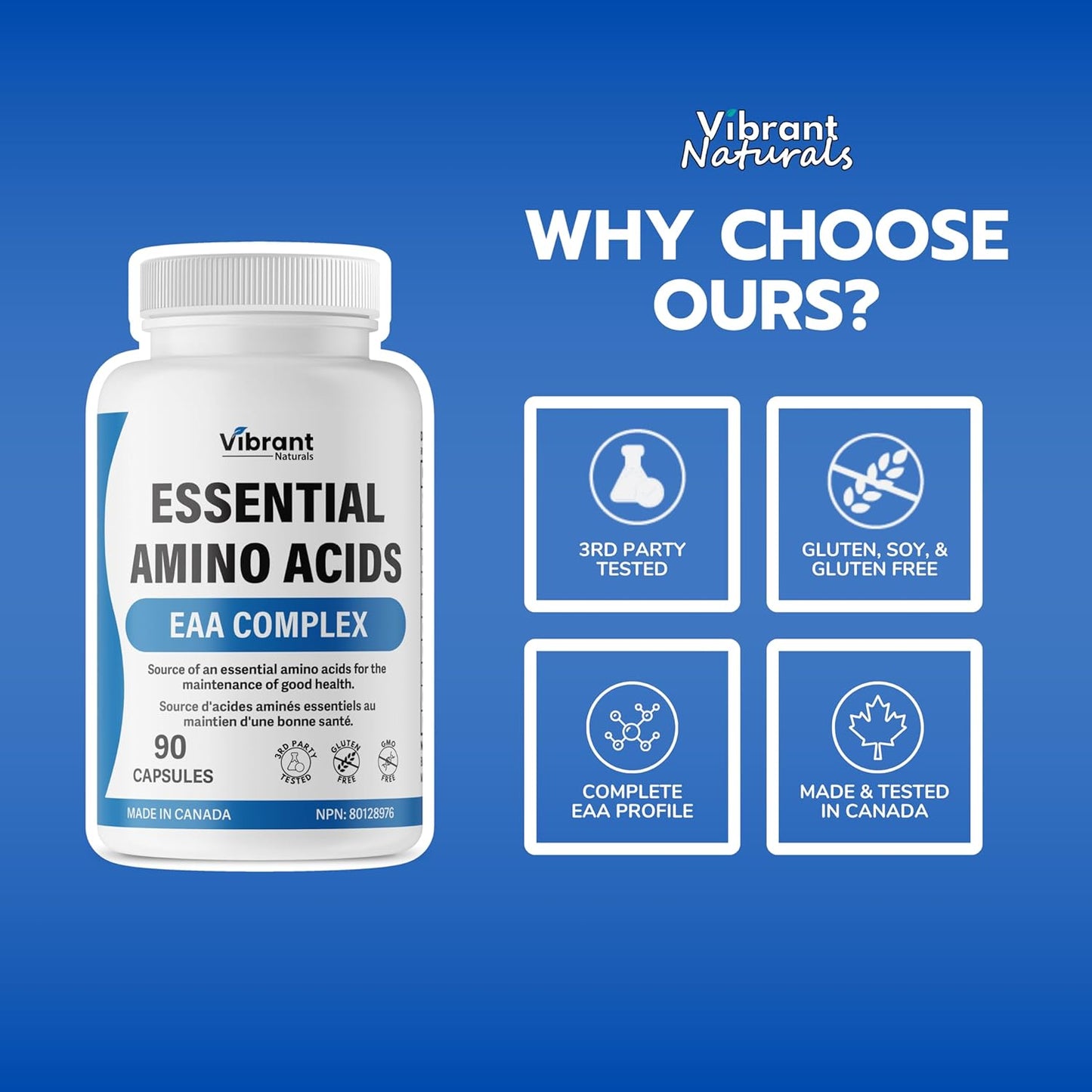 1270mg Essential Amino Acids Supplement with BCAA - Blend of 9 Essential Aminos, Leucine & Lysine - 90 Capsules, Made in Canada