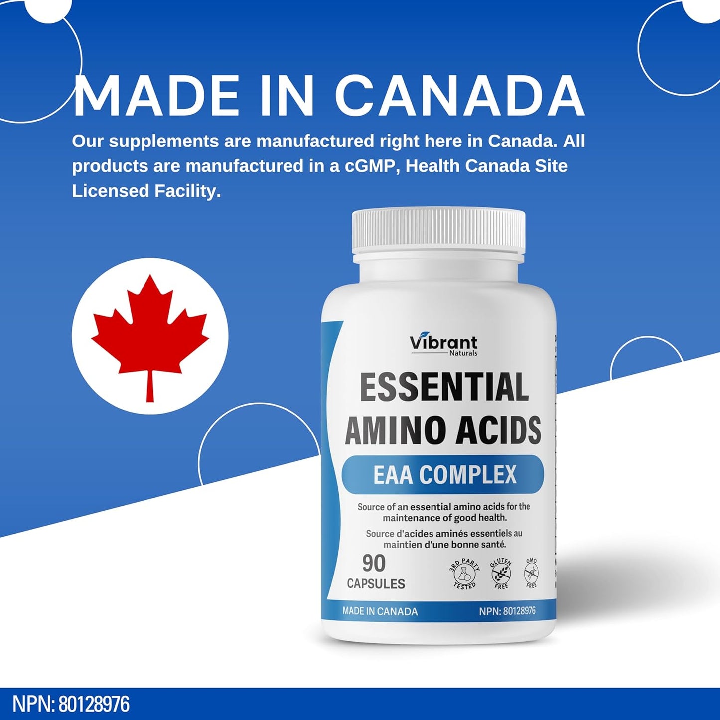 1270mg Essential Amino Acids Supplement with BCAA - Blend of 9 Essential Aminos, Leucine & Lysine - 90 Capsules, Made in Canada