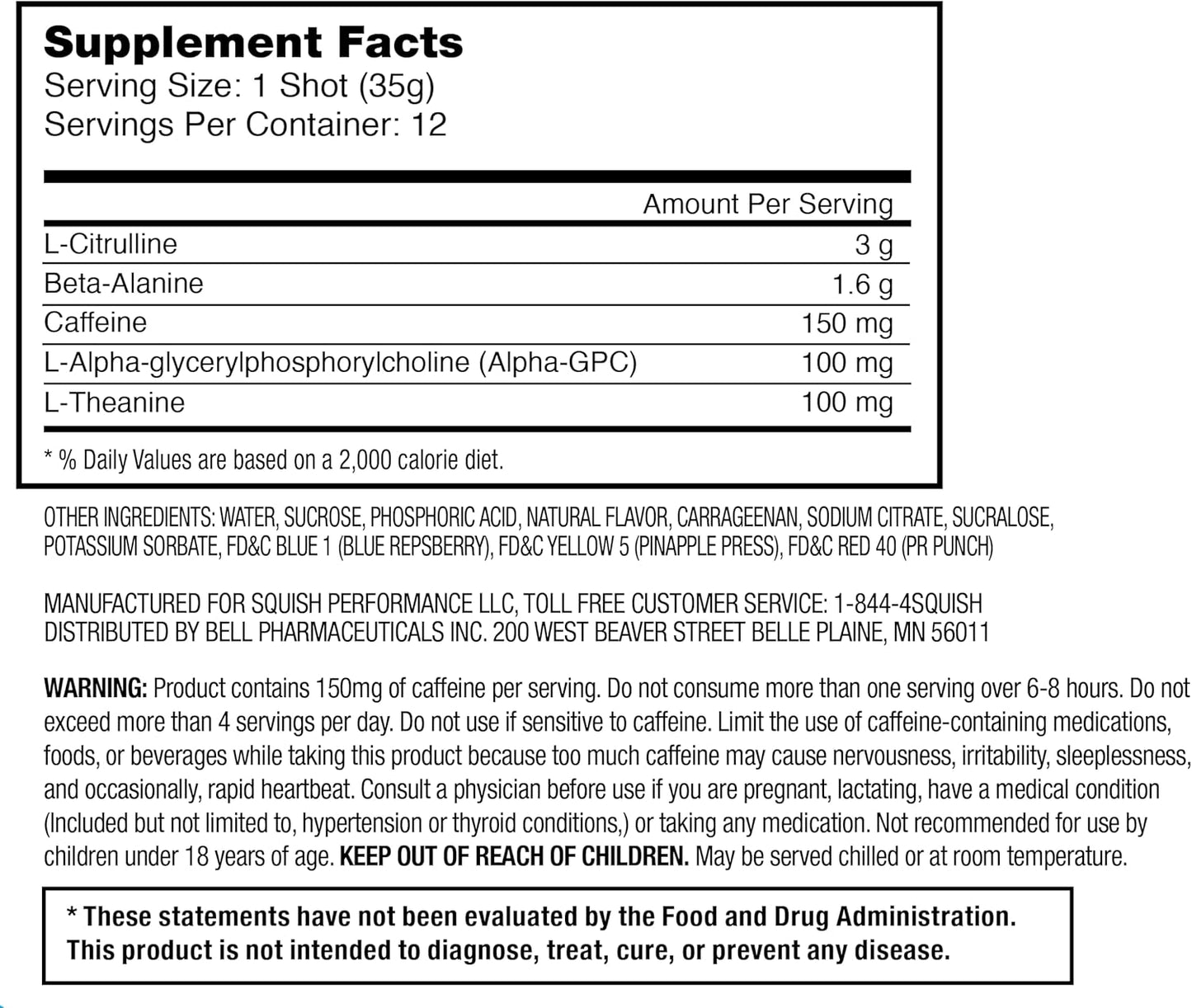 12ct Jar of Squish Pre Workout Energy Shots with Beta-Alanine, Citrulline, Caffeine, L-Theanine, Alpha-GPC for Enhanced Workouts in Blue Repsberry, Pineapple Press, PR Punch Flavors