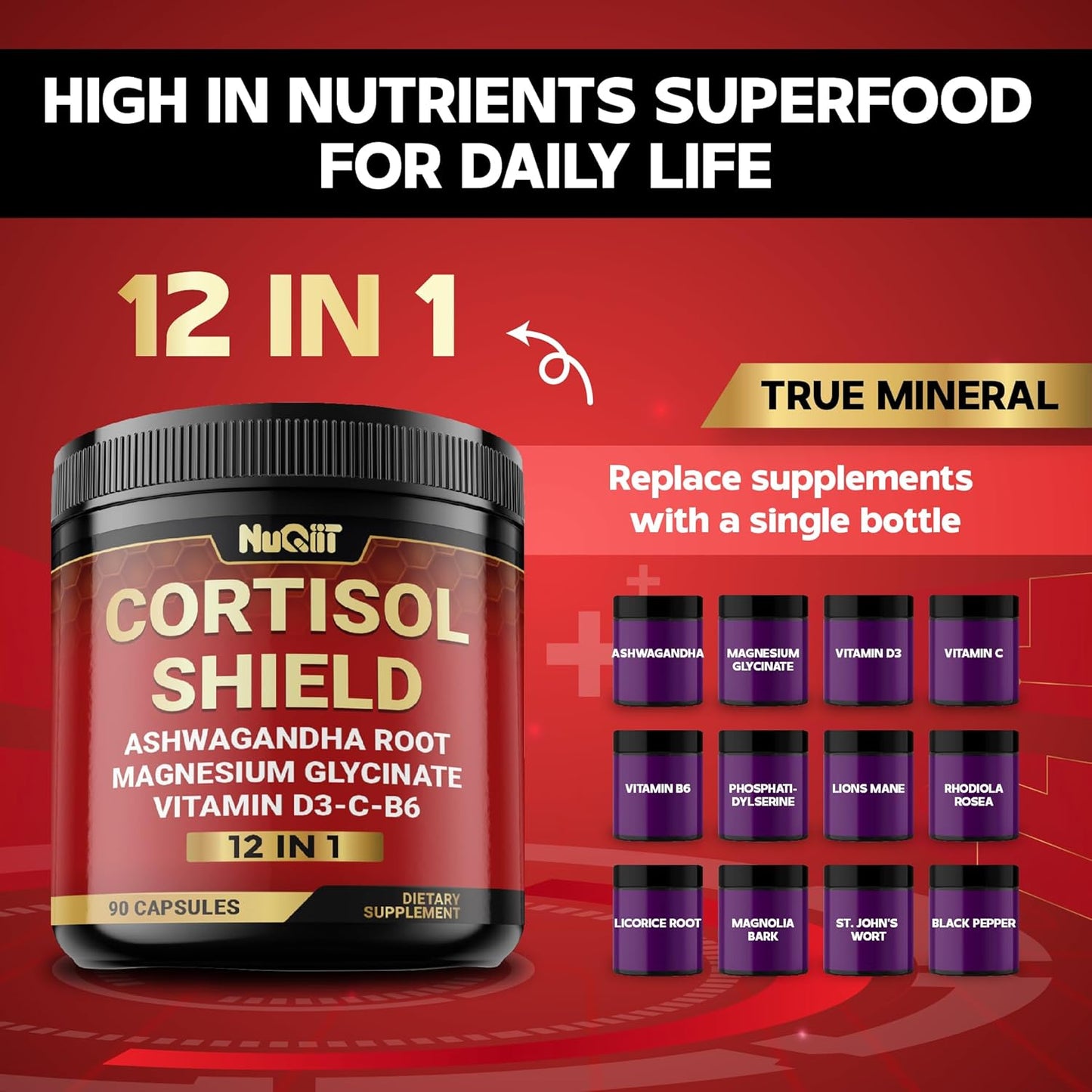 12in1 Cortisol Shield Supplement with Ashwagandha, Magnesium, and 10 Other Ingredients - 90 Capsules