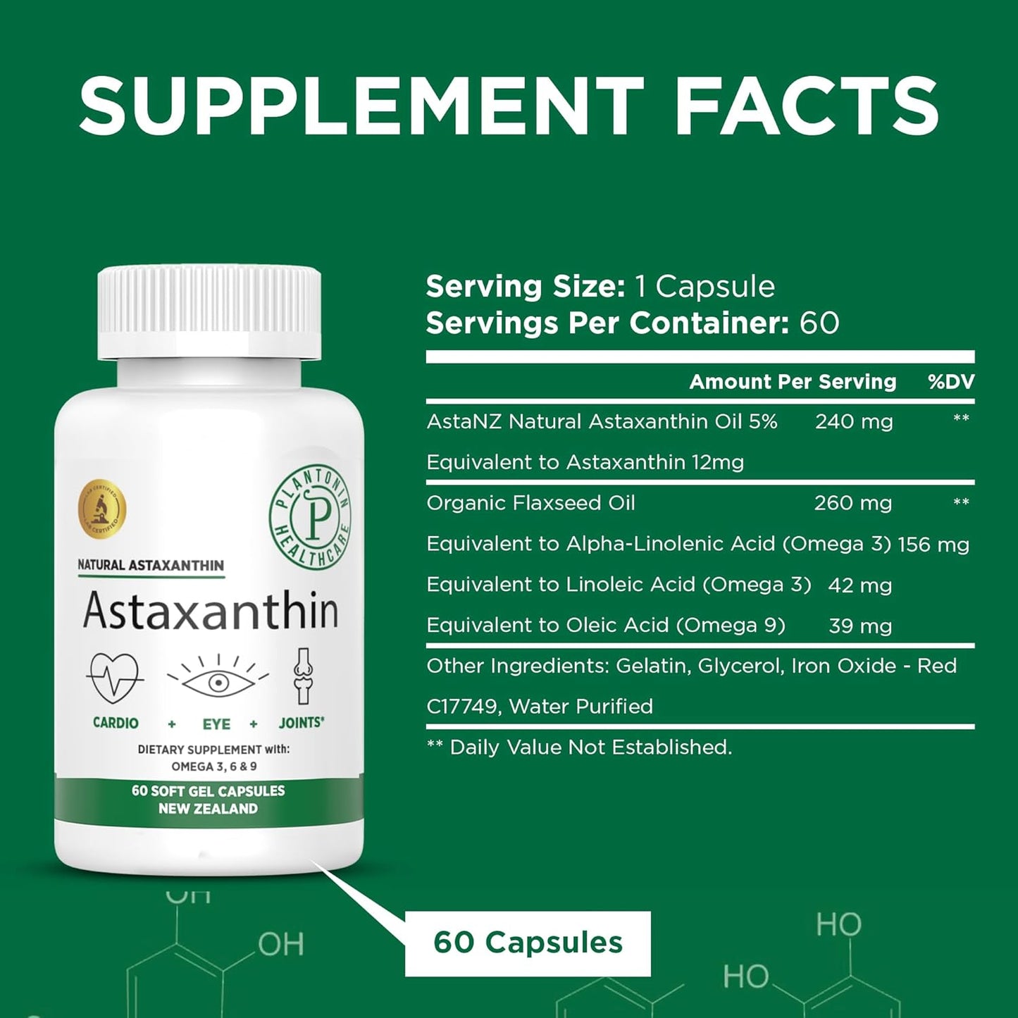 12mg Astaxanthin Soft Gels from Plantonin New Zealand - GMO & Gluten Free - Antioxidant for Joint Mobility, Recovery, Skin & Eye Health - 60 Capsules