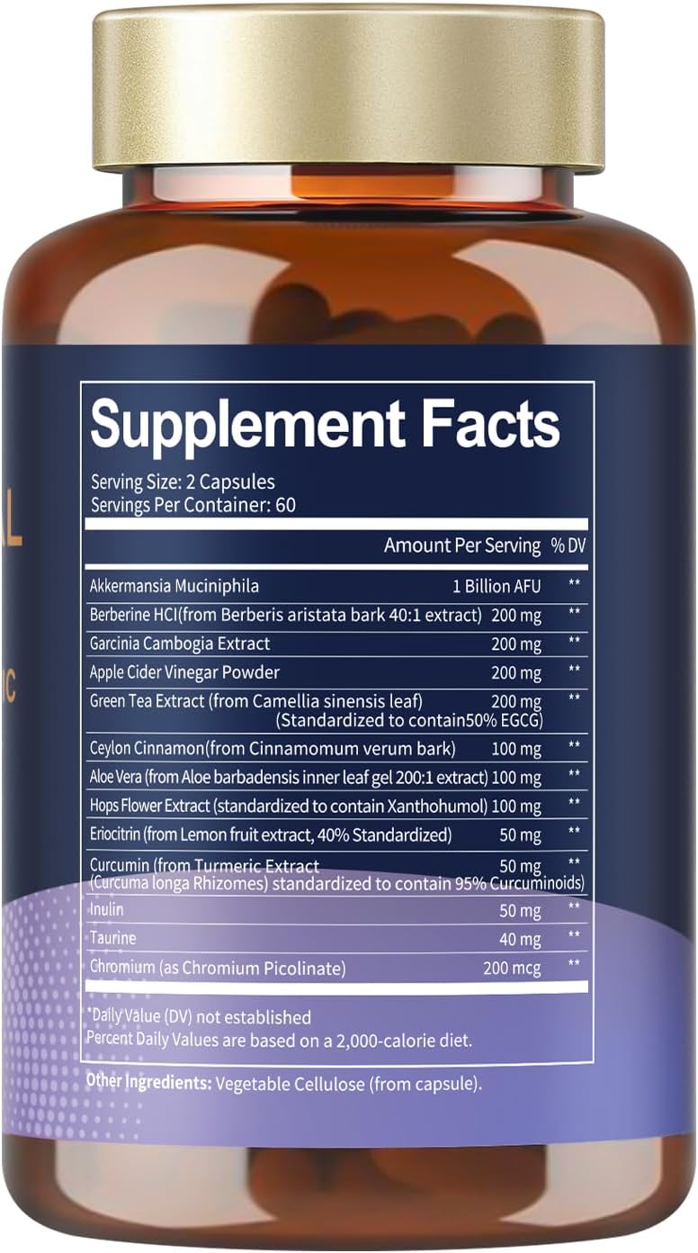 13-in-1 GLP-1 Natural Support Supplement with Akkermansia Probiotic, Berberine HCI, Garcinia Cambogia, Apple Cider Vinegar, Green Tea Extract - 120 Capsules