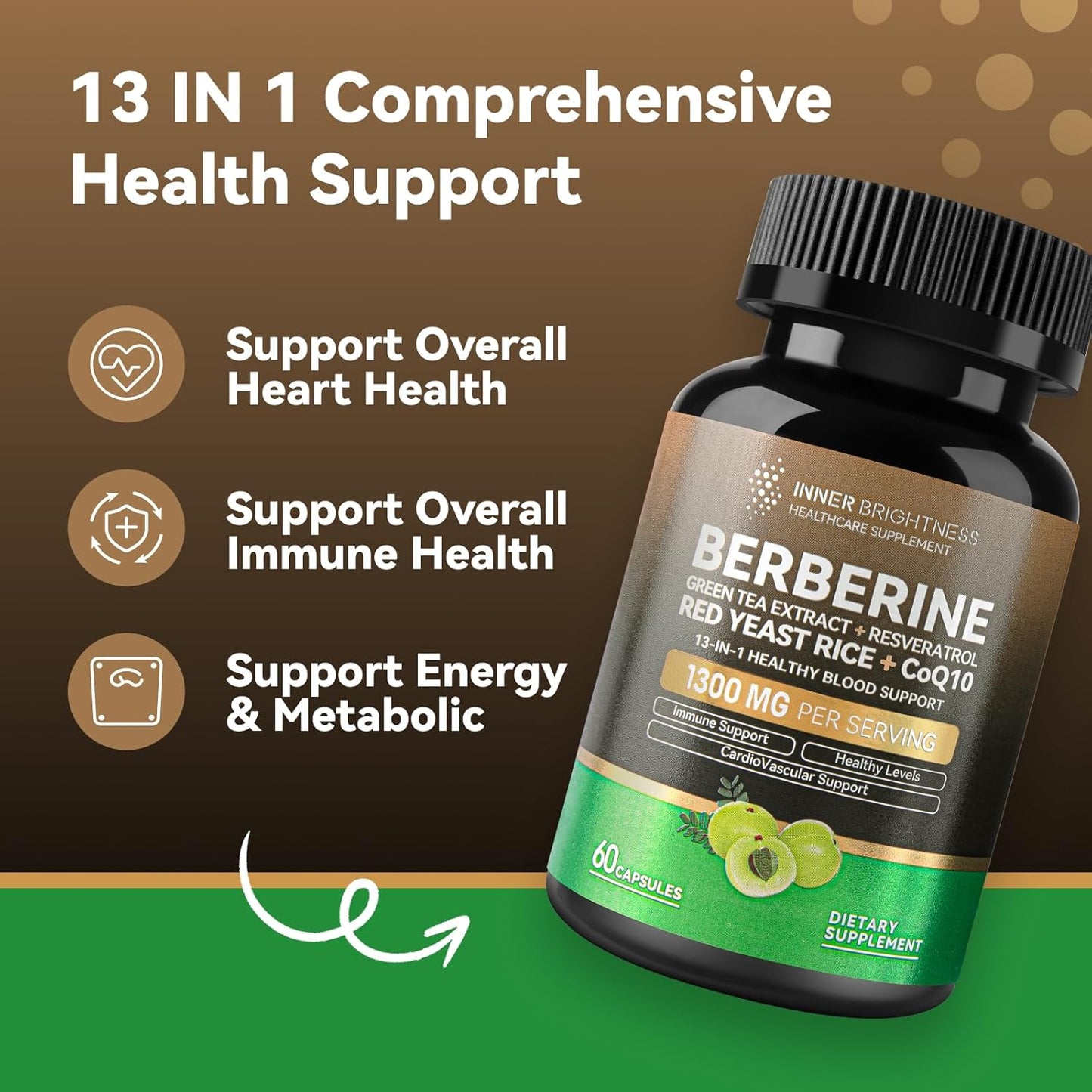 13-in-1 Immune Health & Metabolic Support Supplement - Berberine 1300mg with Green Tea Extract, Resveratrol, Red Yeast Rice & CoQ10 - 60 Capsules, Non-GMO, Lab Tested