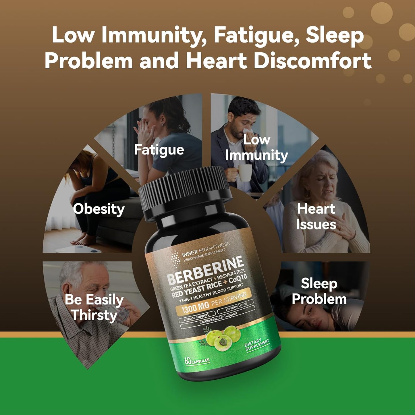 13-in-1 Immune Health & Metabolic Support Supplement - Berberine 1300mg with Green Tea Extract, Resveratrol, Red Yeast Rice & CoQ10 - 60 Capsules, Non-GMO, Lab Tested