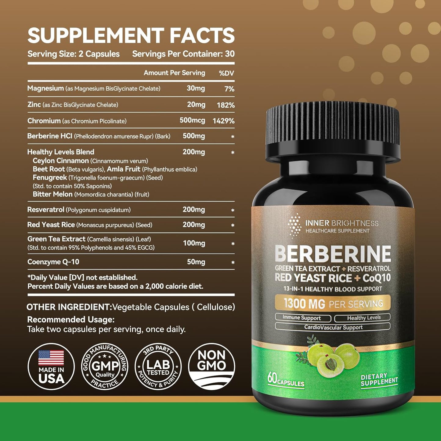 13-in-1 Immune Health & Metabolic Support Supplement - Berberine 1300mg with Green Tea Extract, Resveratrol, Red Yeast Rice & CoQ10 - 60 Capsules, Non-GMO, Lab Tested