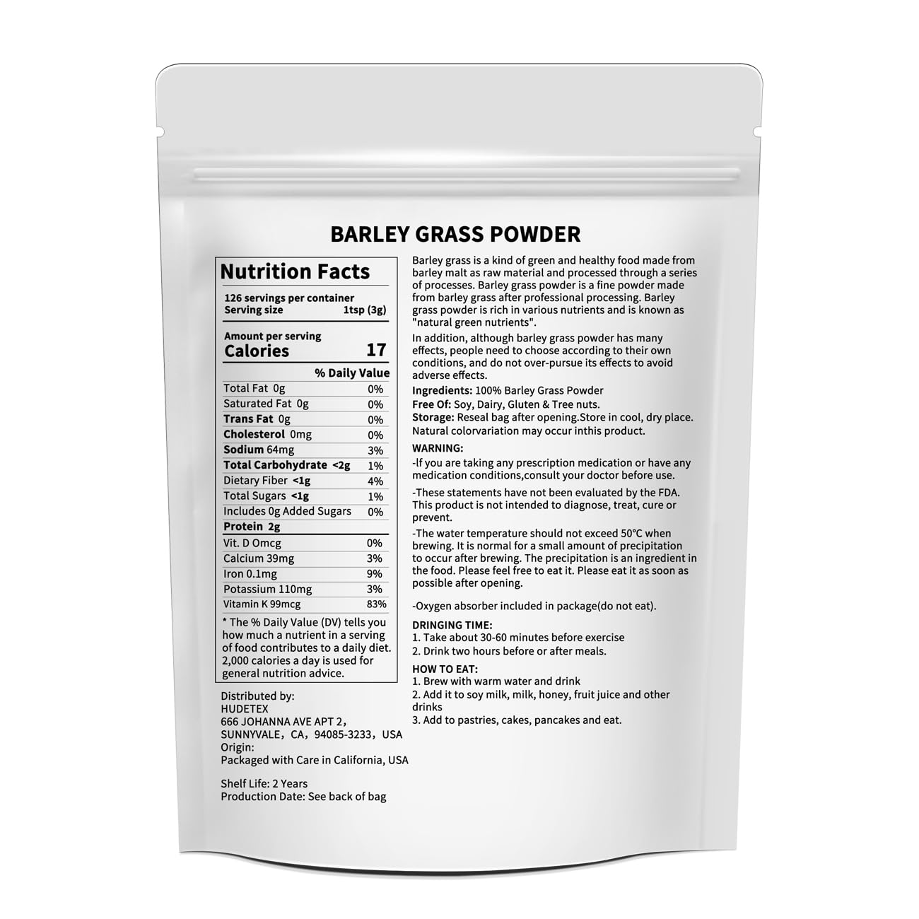 13 oz Hudetex Barley Grass Juice Powder - Pure Wheatgrass Powder for Cardiovascular, Liver, Digestive Health - Vegan, No Maltodextrin & Sugar - Supports Overall Wellness