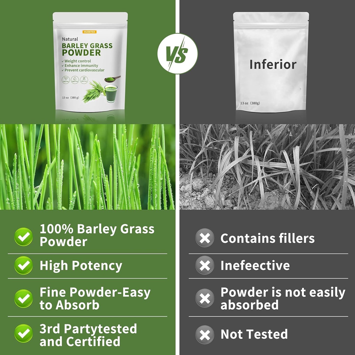 13 oz Hudetex Barley Grass Juice Powder - Pure Wheatgrass Powder for Cardiovascular, Liver, Digestive Health - Vegan, No Maltodextrin & Sugar - Supports Overall Wellness