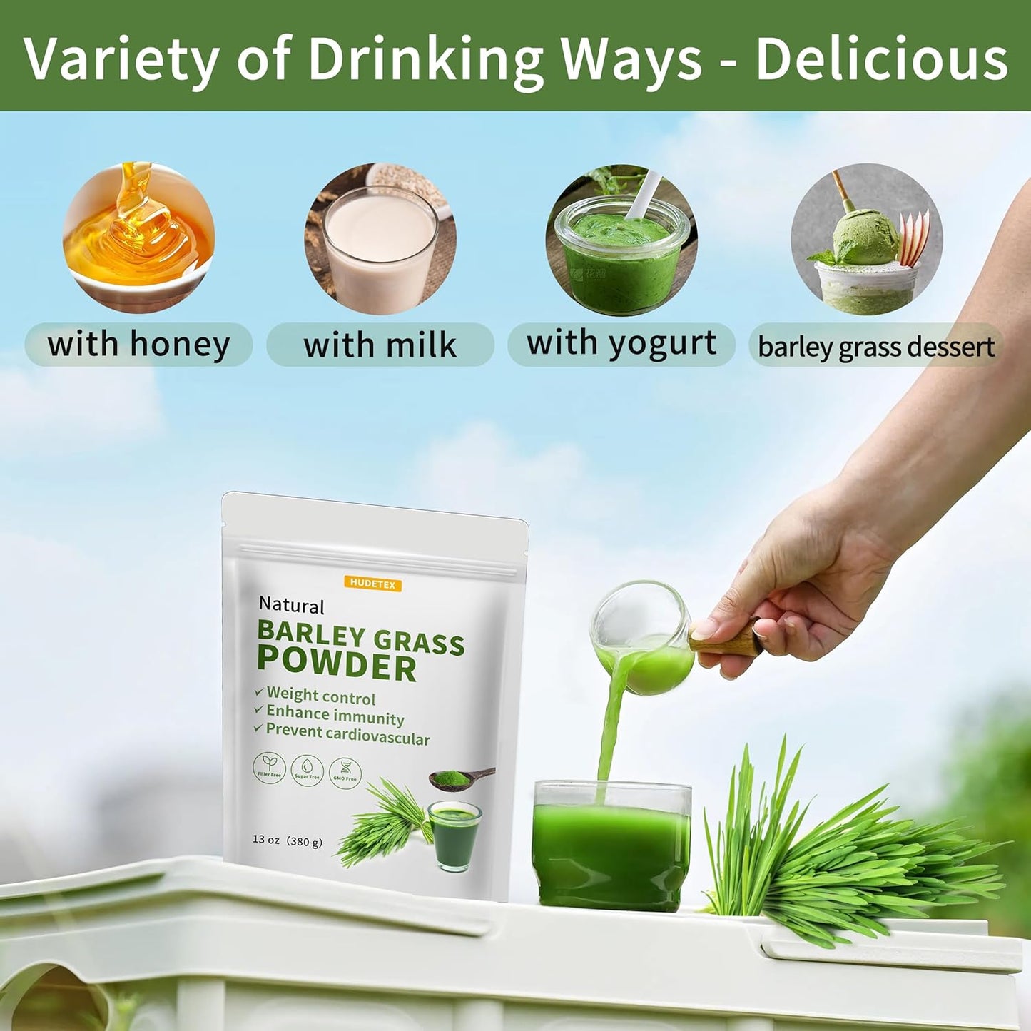 13 oz Hudetex Barley Grass Juice Powder - Pure Wheatgrass Powder for Cardiovascular, Liver, Digestive Health - Vegan, No Maltodextrin & Sugar - Supports Overall Wellness