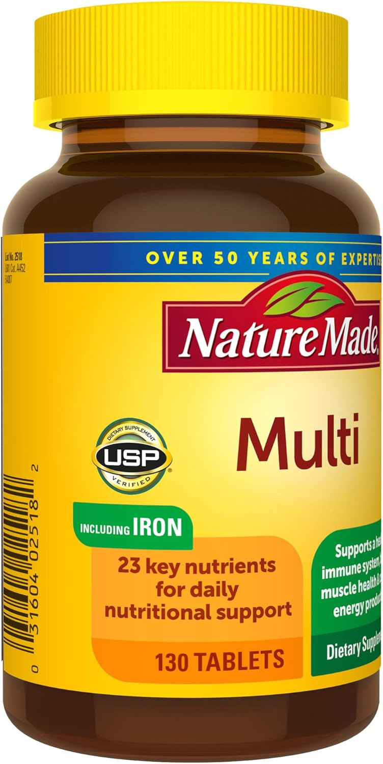 130 Count Nature Made Multivitamin Tablets with Vitamin D3 and Iron for Daily Nutritional Support